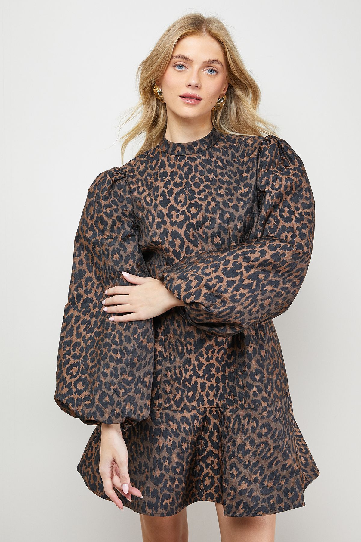Oasis Leopard Print Jacquard Balloon Sleeve Mini Dress Brown image 1