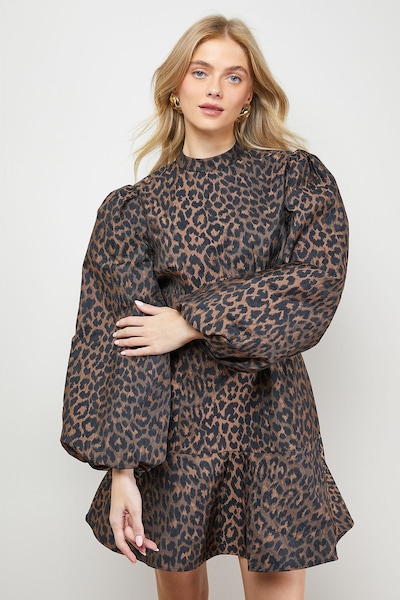 Oasis Leopard Print Jacquard Balloon Sleeve Mini Dress Brown