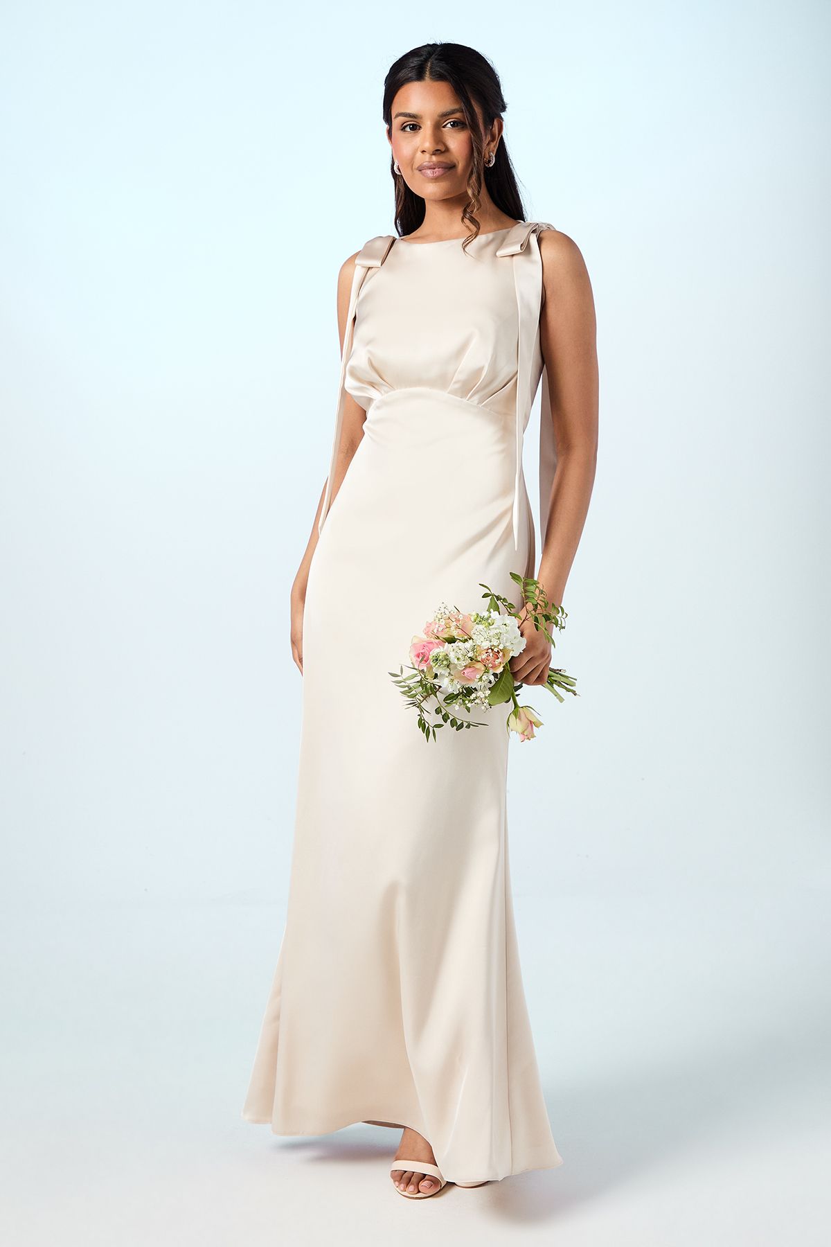 Coast Coast Honoured Petite Sleeveless High Neck Tie Shoulder Satin Maxi Bridesmaid Dress Champagne image 1
