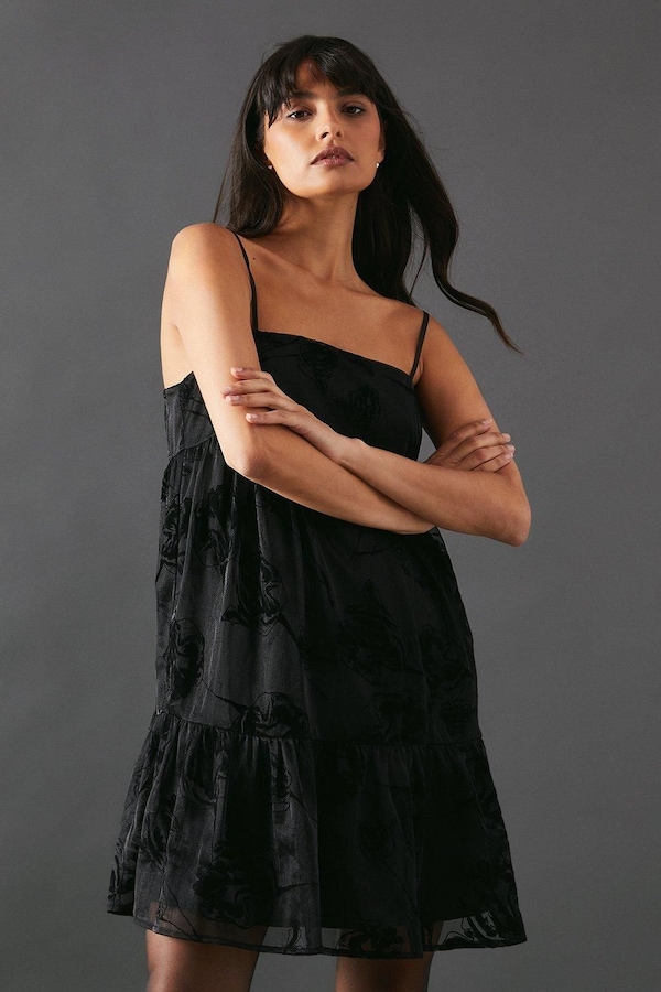 Warehouse Rose Organza Strappy Cami Mini Smock Dress Black