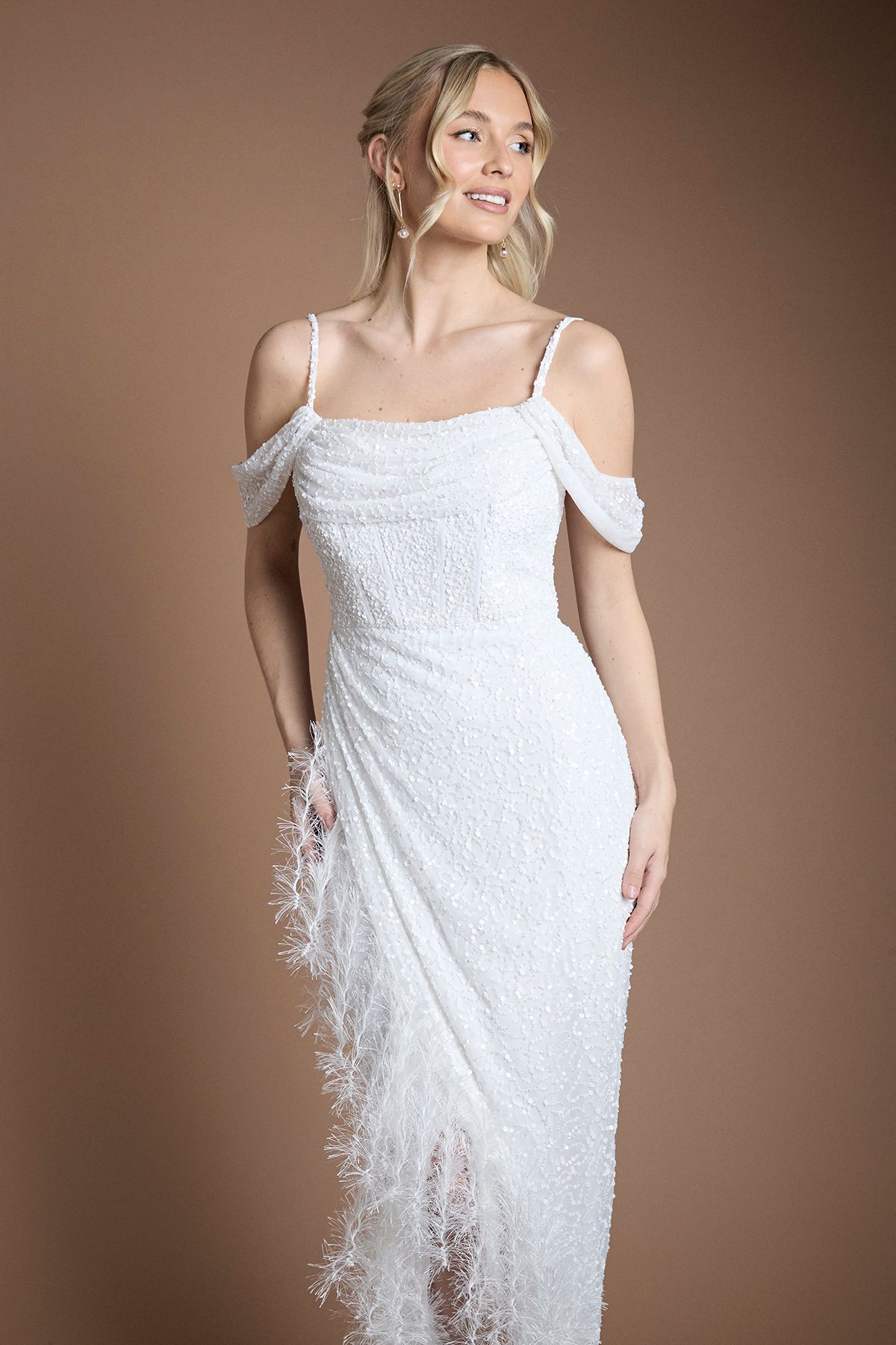 Coast Sequin Embellished Feather Trim Draped Bardot Maxi Wedding Dress Ivory image 2