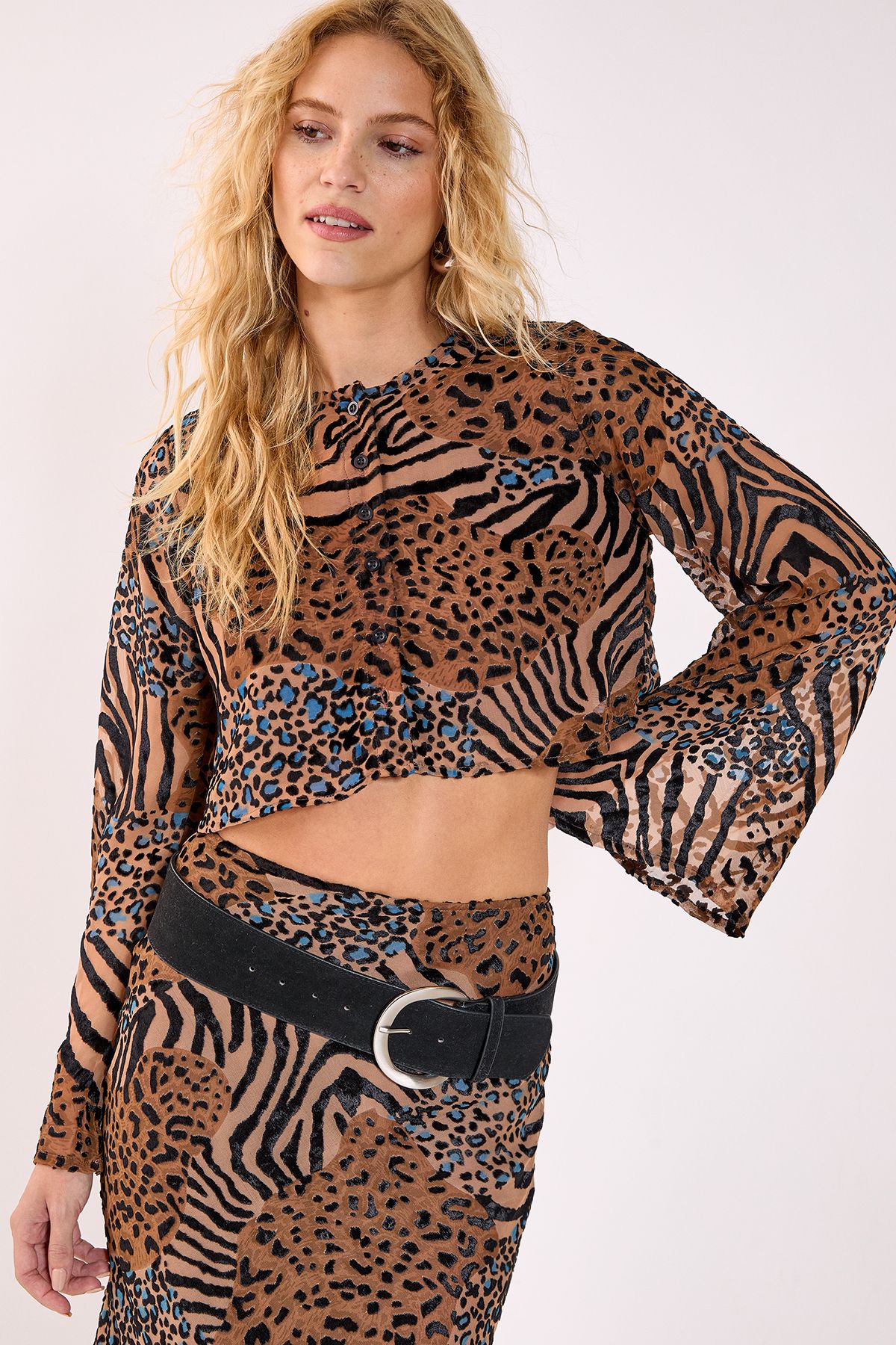 NastyGal Mixed Animal Devore Button Through Flared Sleeve Top Tan image 1