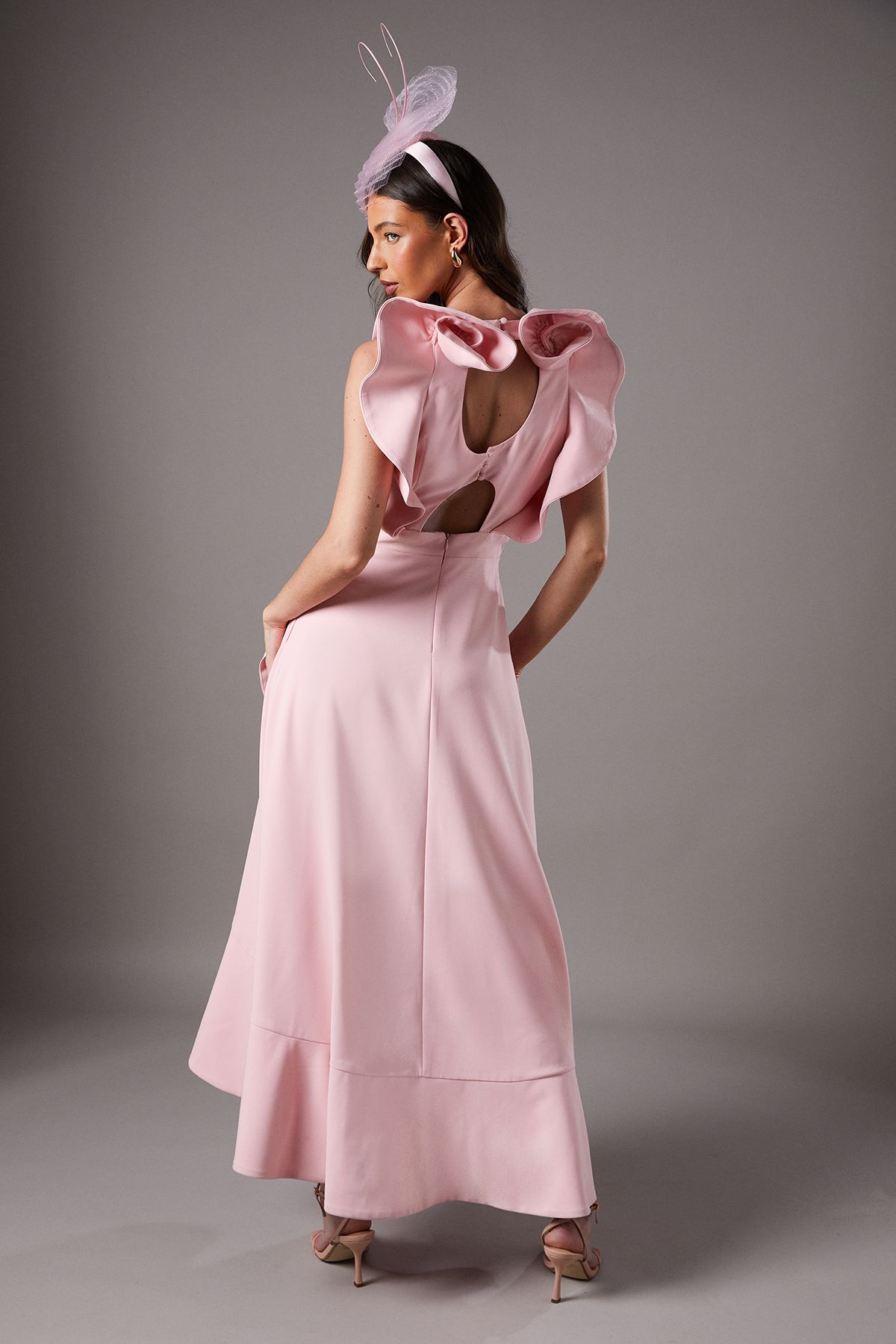 Coast Lisa Tan Ruffle Round Neck Crepe Midi Dress Blush image 3