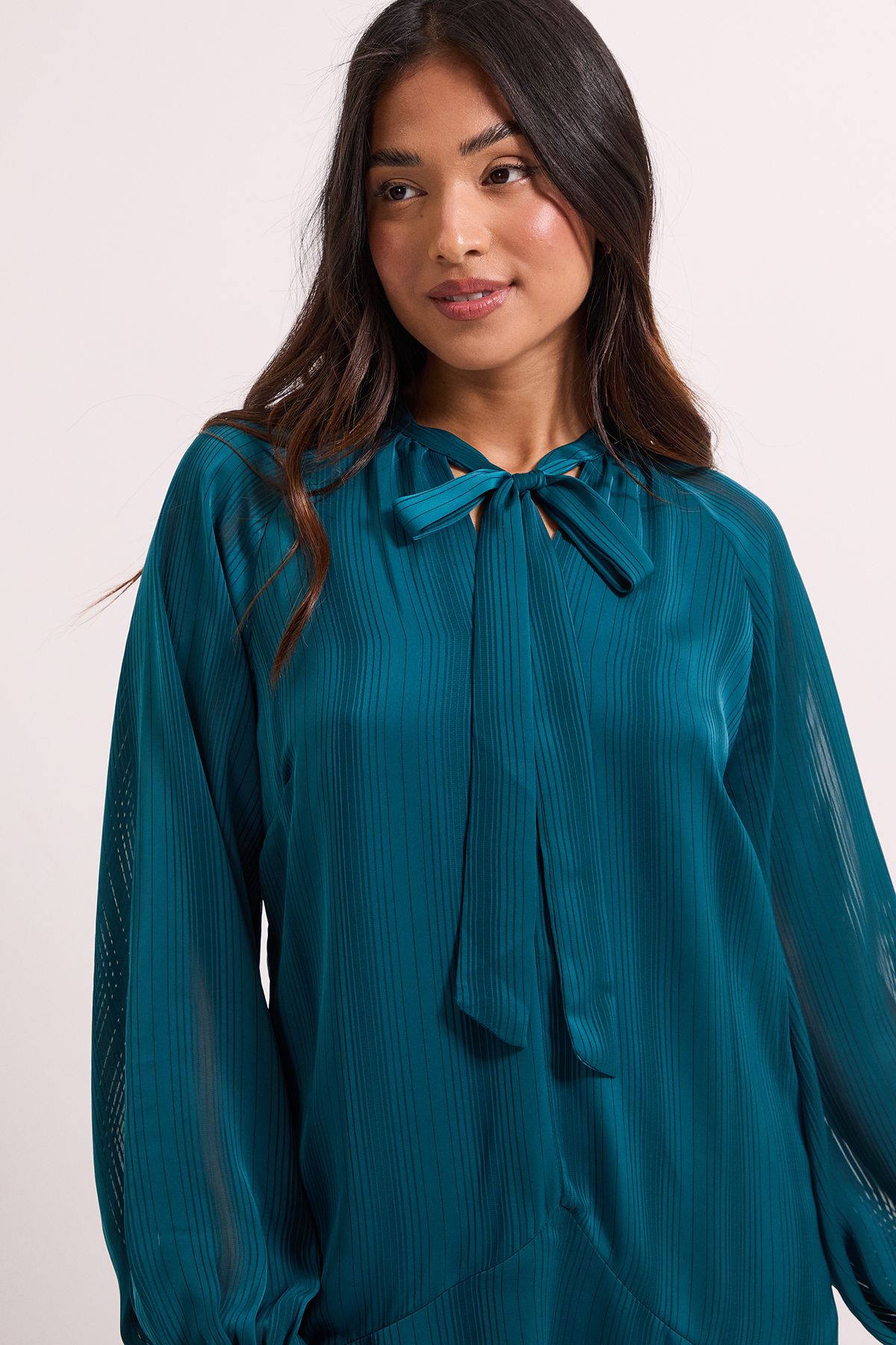 Dorothy Perkins Petite Tie Neck Satin Burnout Tiered Smock Dress Teal image 3