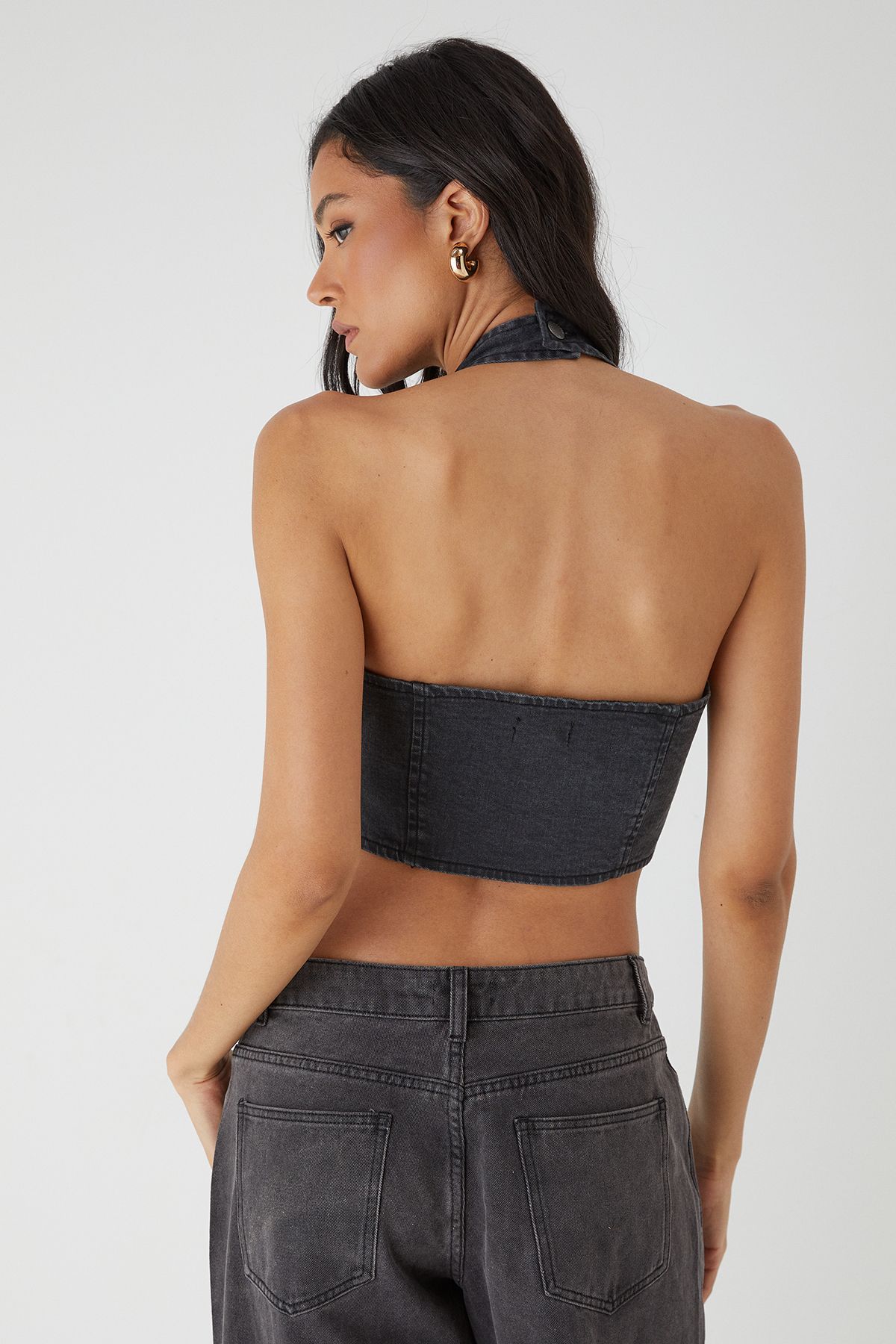 MissPap Button Front Halterneck Denim Top Washed Black image 5