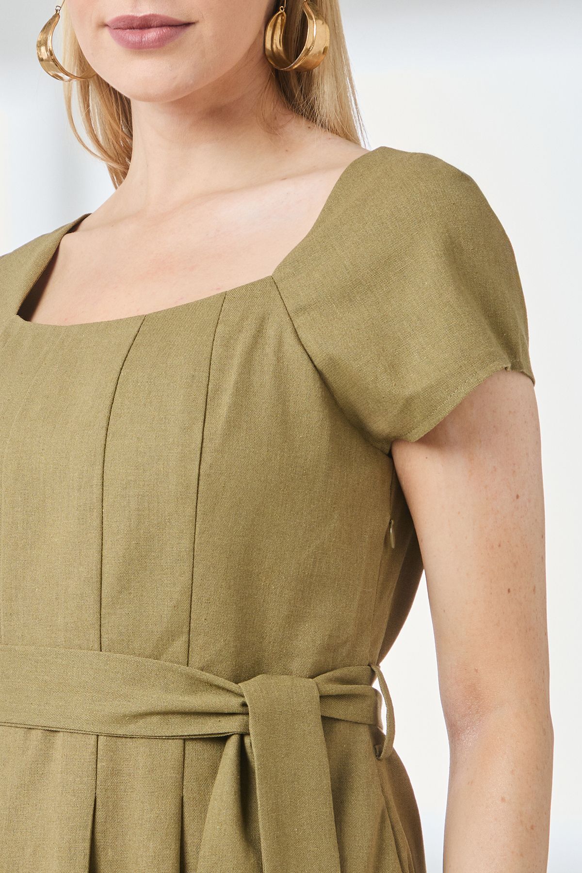 Principles Olive Square Neck Belted Linen Midi Dress Olive image 5