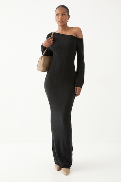 MissPap Knitted Asymmetric Neckline Midaxi Dress Black