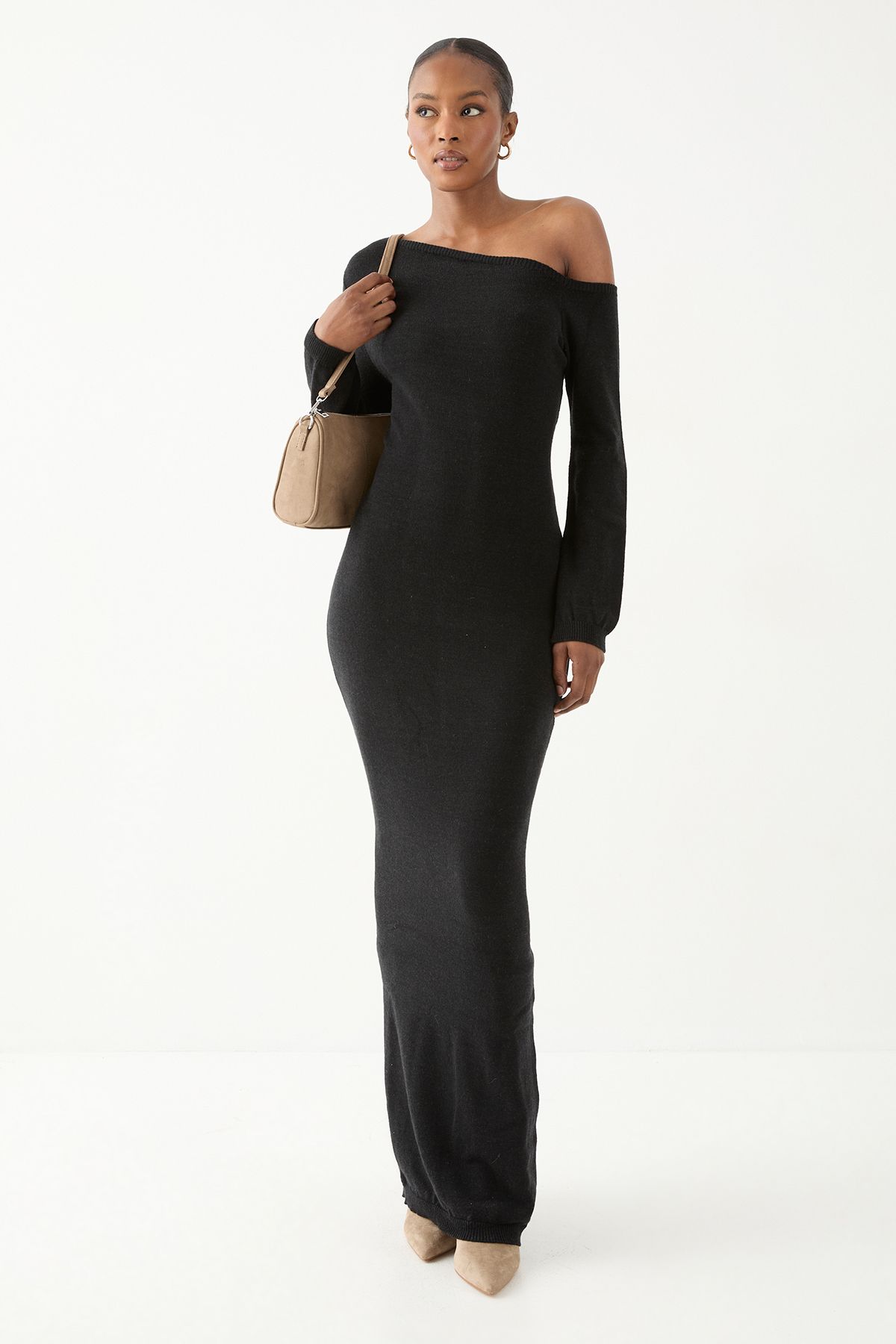 MissPap Knitted Asymmetric Neckline  Midaxi Dress Black image 1