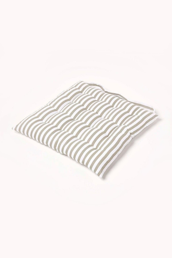 Homescapes Grey Stripe Seat Pad with Button Straps 100% Cotton