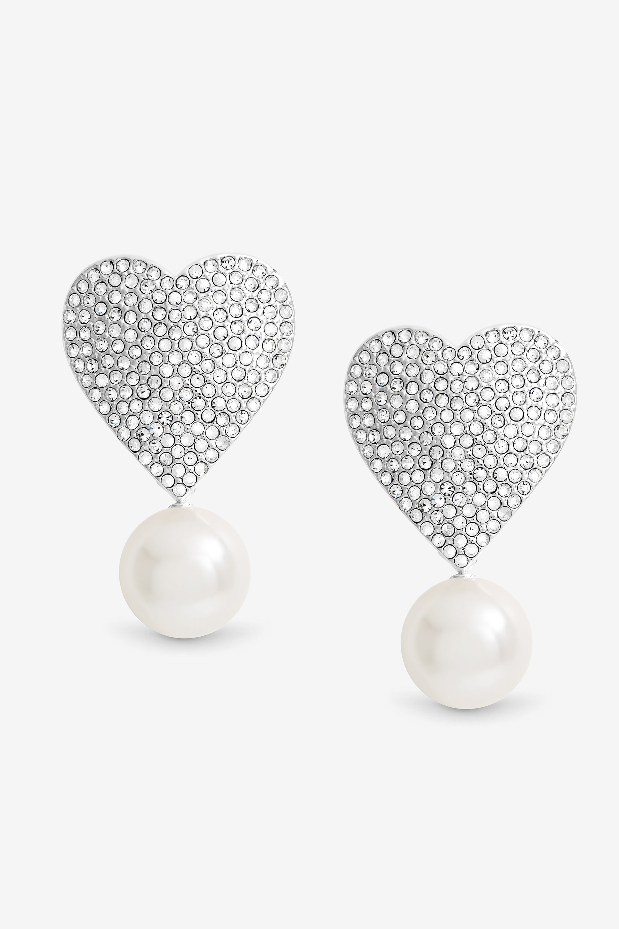Mood Silver Crystal Heart With Pearl Drop Statement Earrings