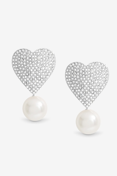 Mood Silver Crystal Heart With Pearl Drop Statement Earrings