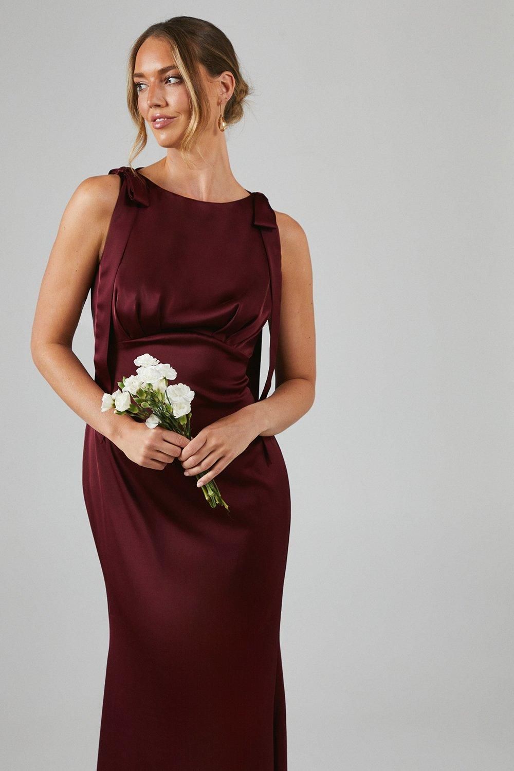 Coast Coast Honoured Sleeveless High Neck Tie Shoulder Satin Maxi Bridesmaid Dress Malbec image 2