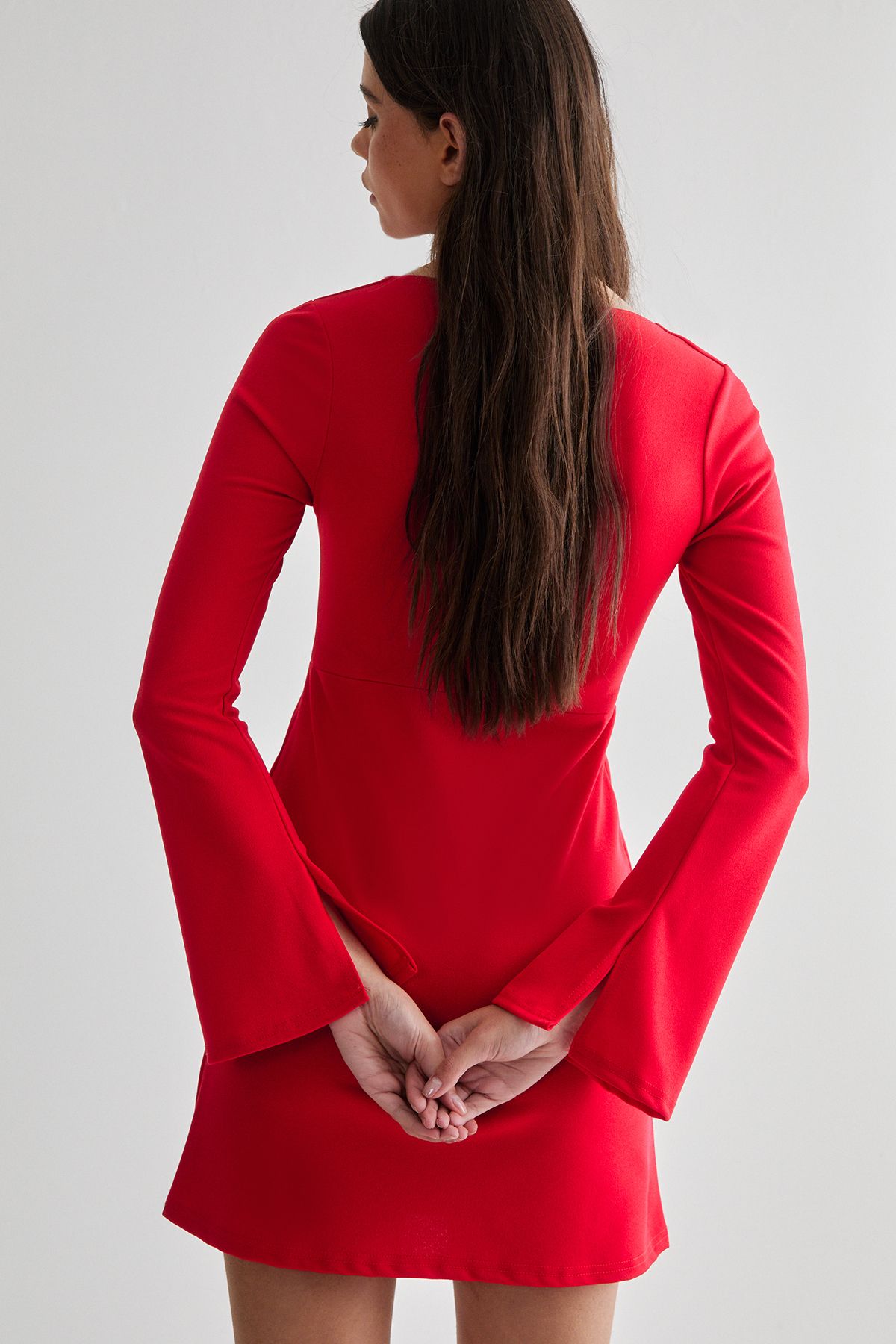 NastyGal Square Neckline Long Sleeve Mini Dress Red image 2