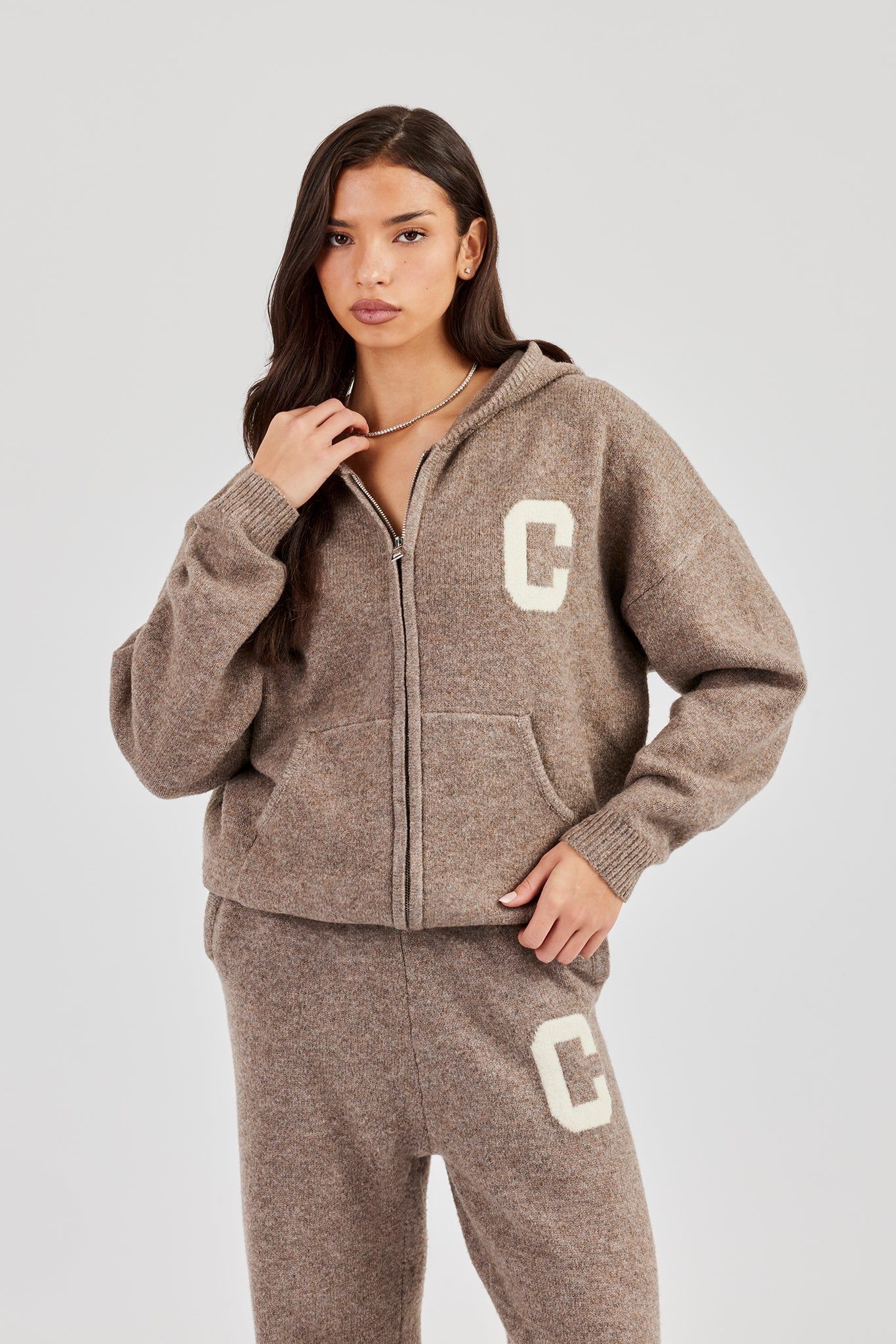 Cernucci Hooded Zip Through Knitted Jumper - Taupe image 1