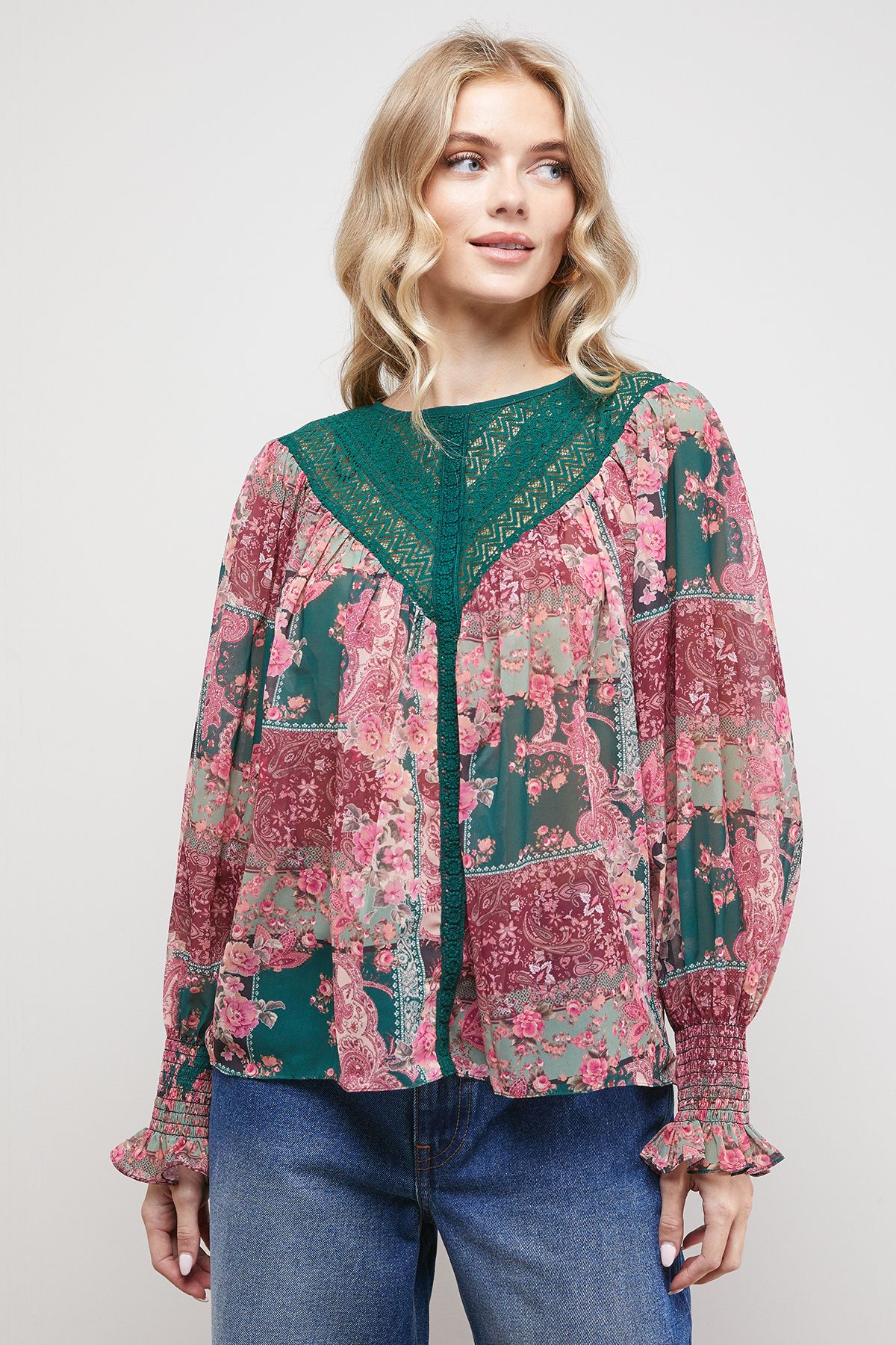 Oasis Printed Lace Yoke Balloon Sleeve Boho Blouse Multi image 1