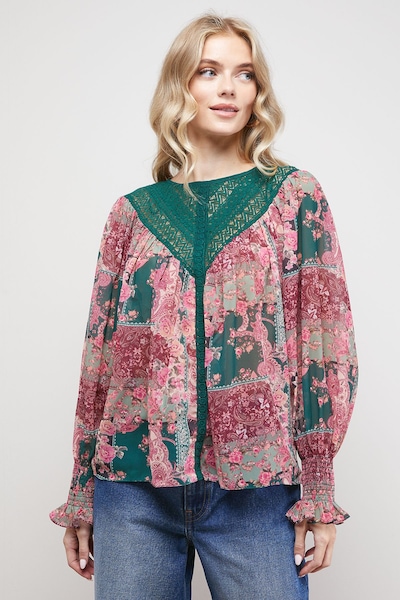 Oasis Printed Lace Yoke Balloon Sleeve Boho Blouse Multi