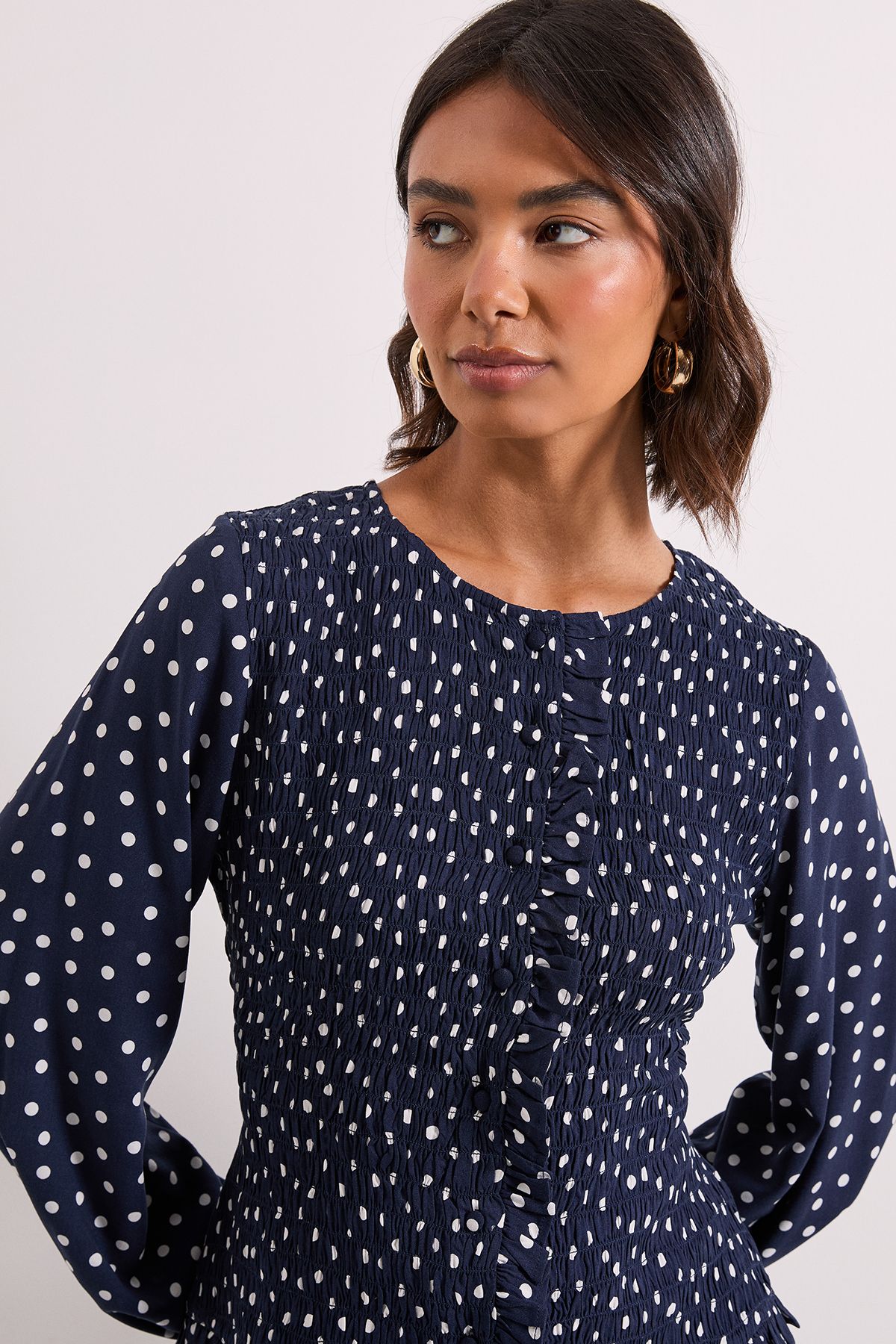 Dorothy Perkins Navy Spot Shirred Bodice Button Through Top Navy image 4