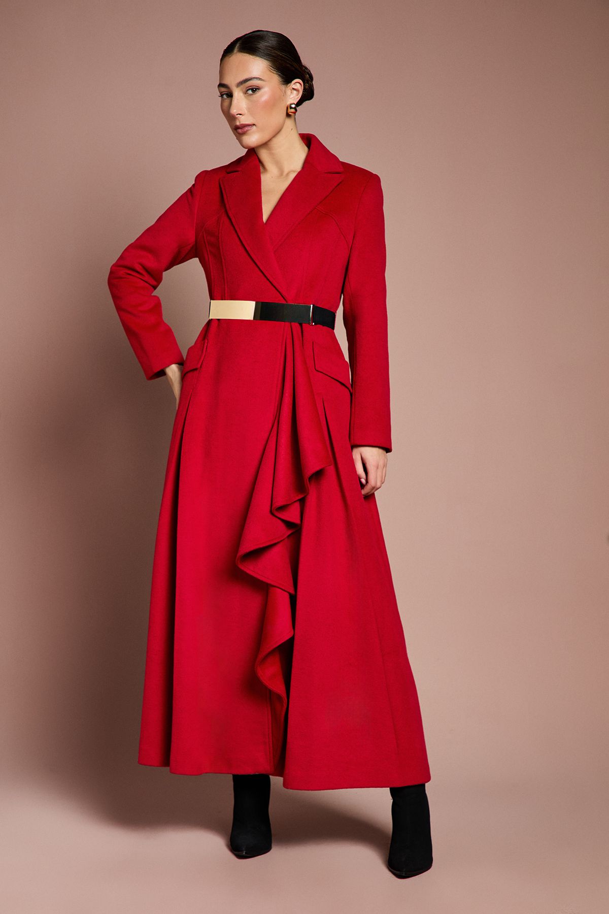 Coast Lisa Tan Occasion Gold Belt Ruffle Detail Longline Coat Red image 2