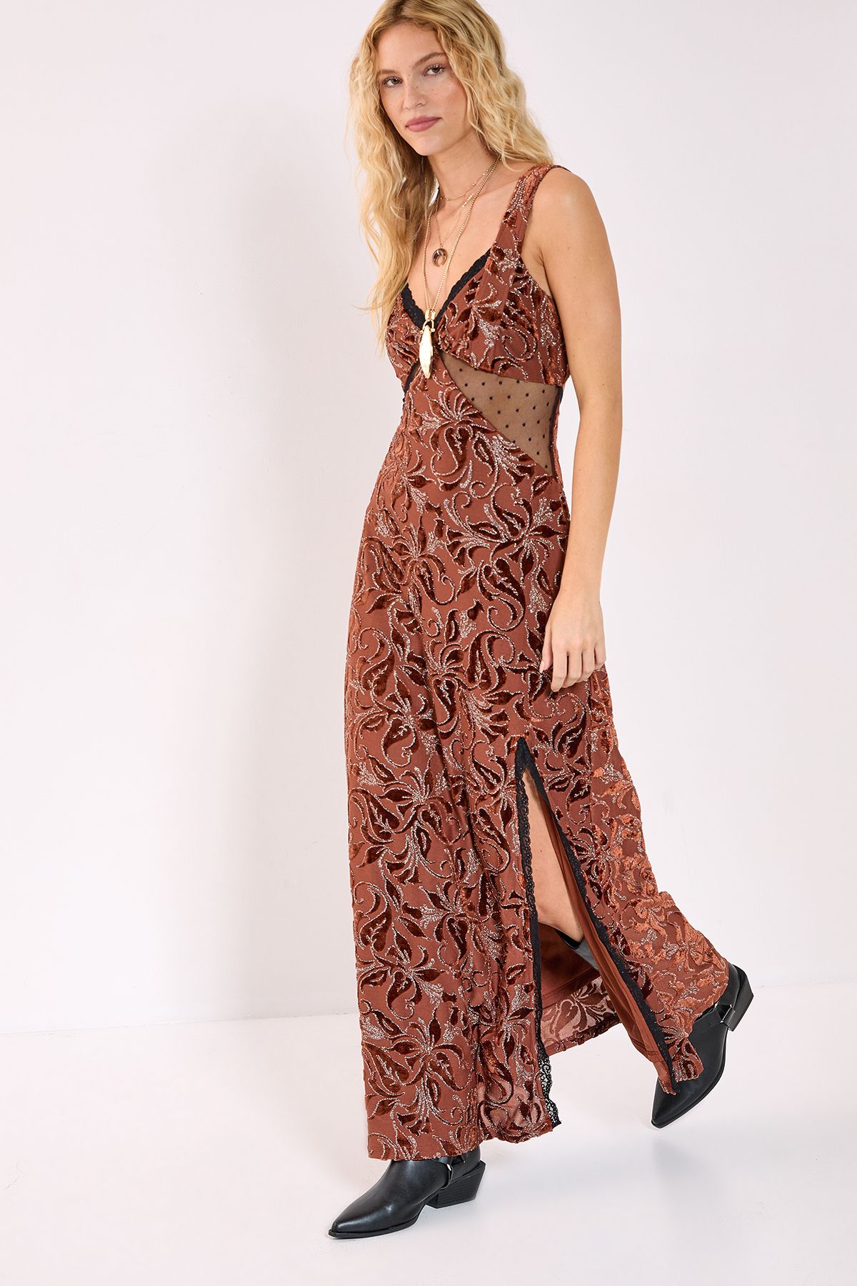 NastyGal Devore Insert Split Maxi Dress Brown image 3