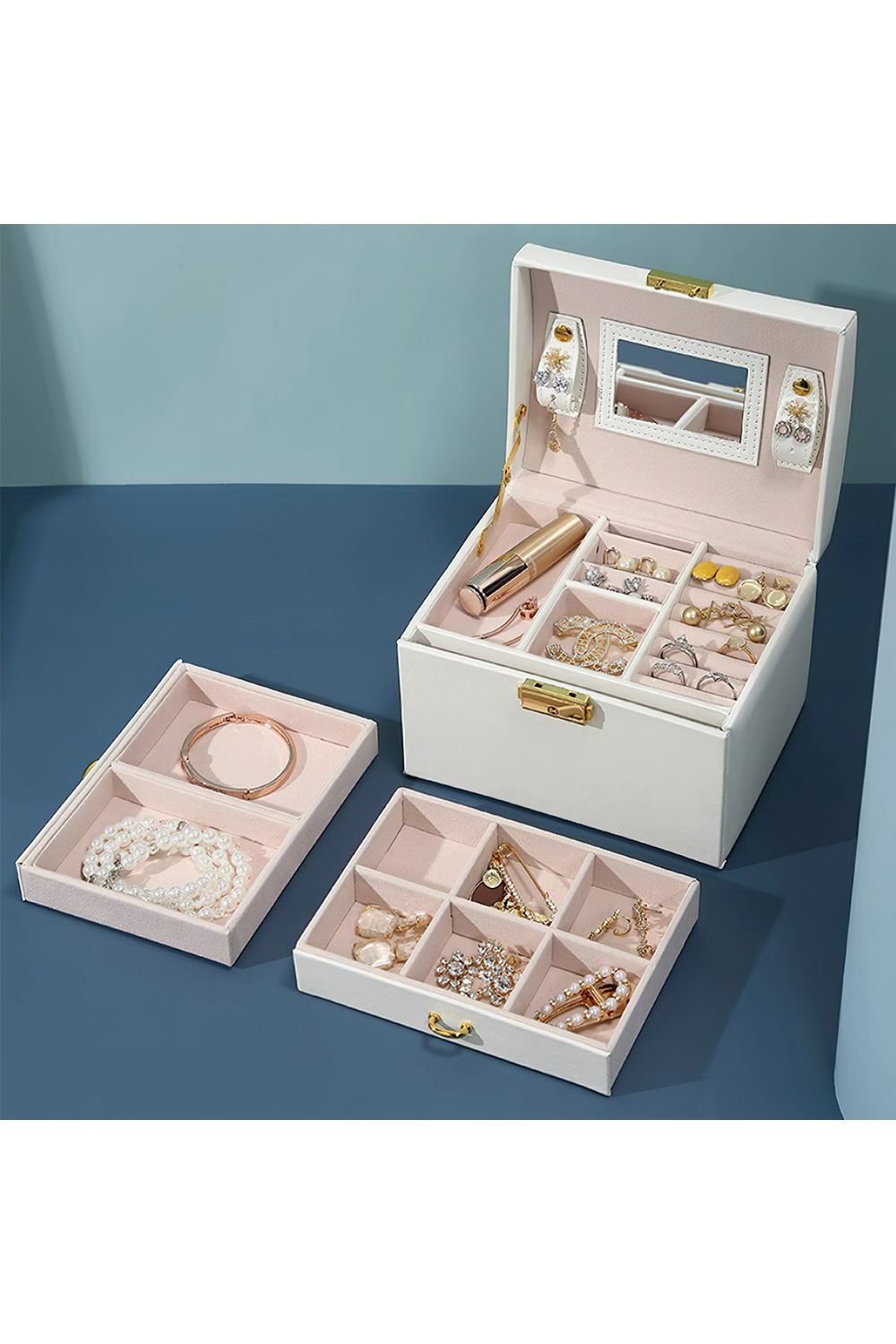 SHEONLY White PU Leather Jewellery Box with Mechanism Key Lock image 4