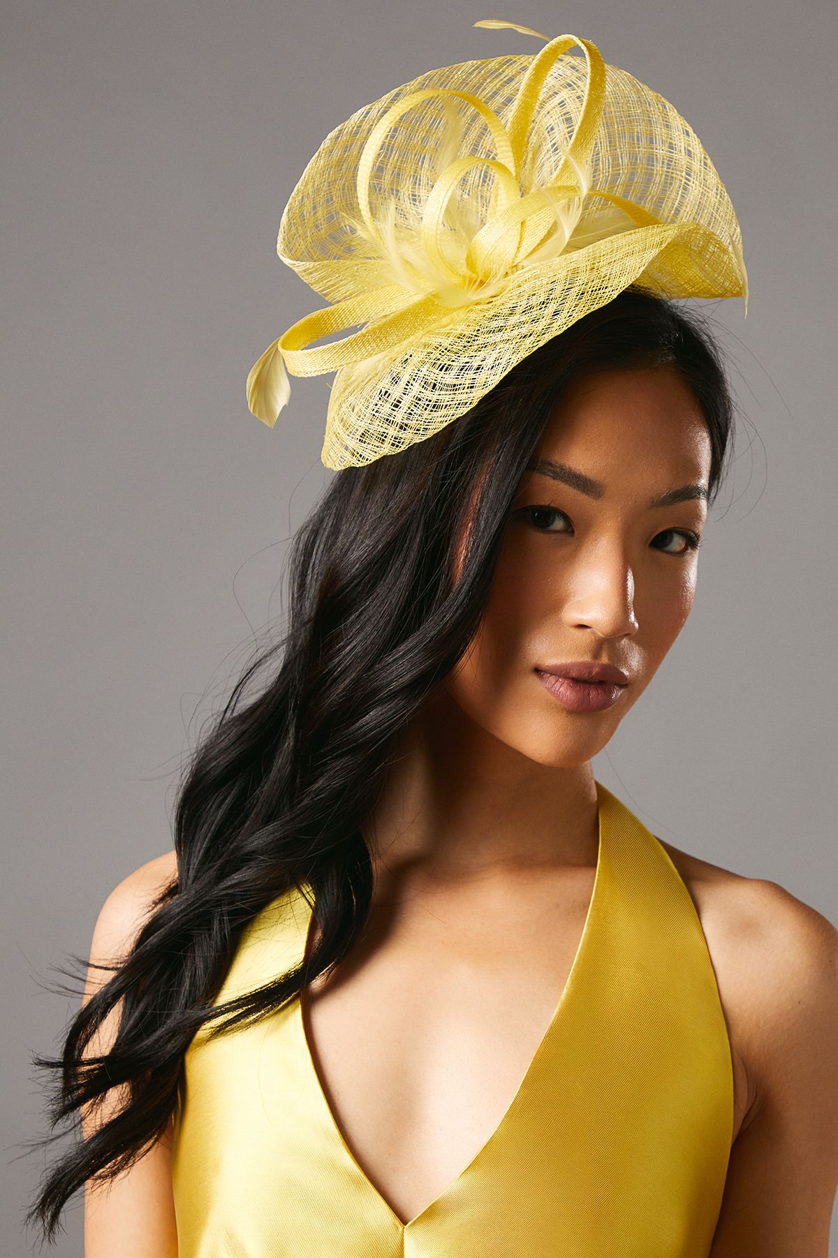 Coast Open Weave Bow And Feather Fascinator Yellow image 1