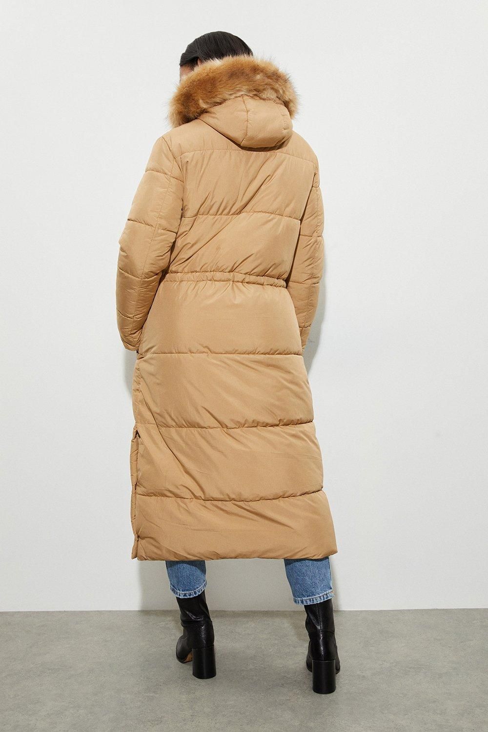 Dorothy Perkins Maxi Faux Fur Hood Padded Coat Camel image 3