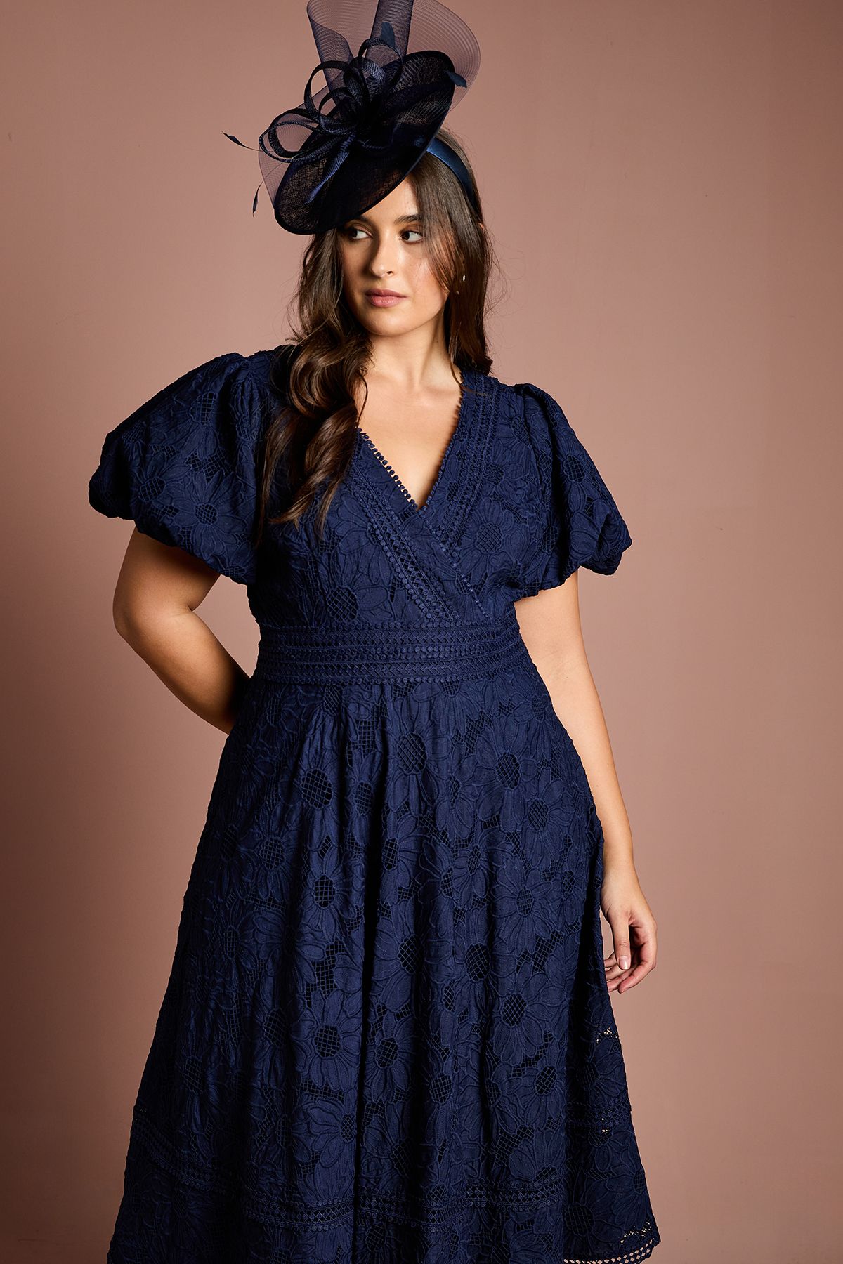 Coast Plus Lace Midi Dress With Puff Sleeve Navy image 4