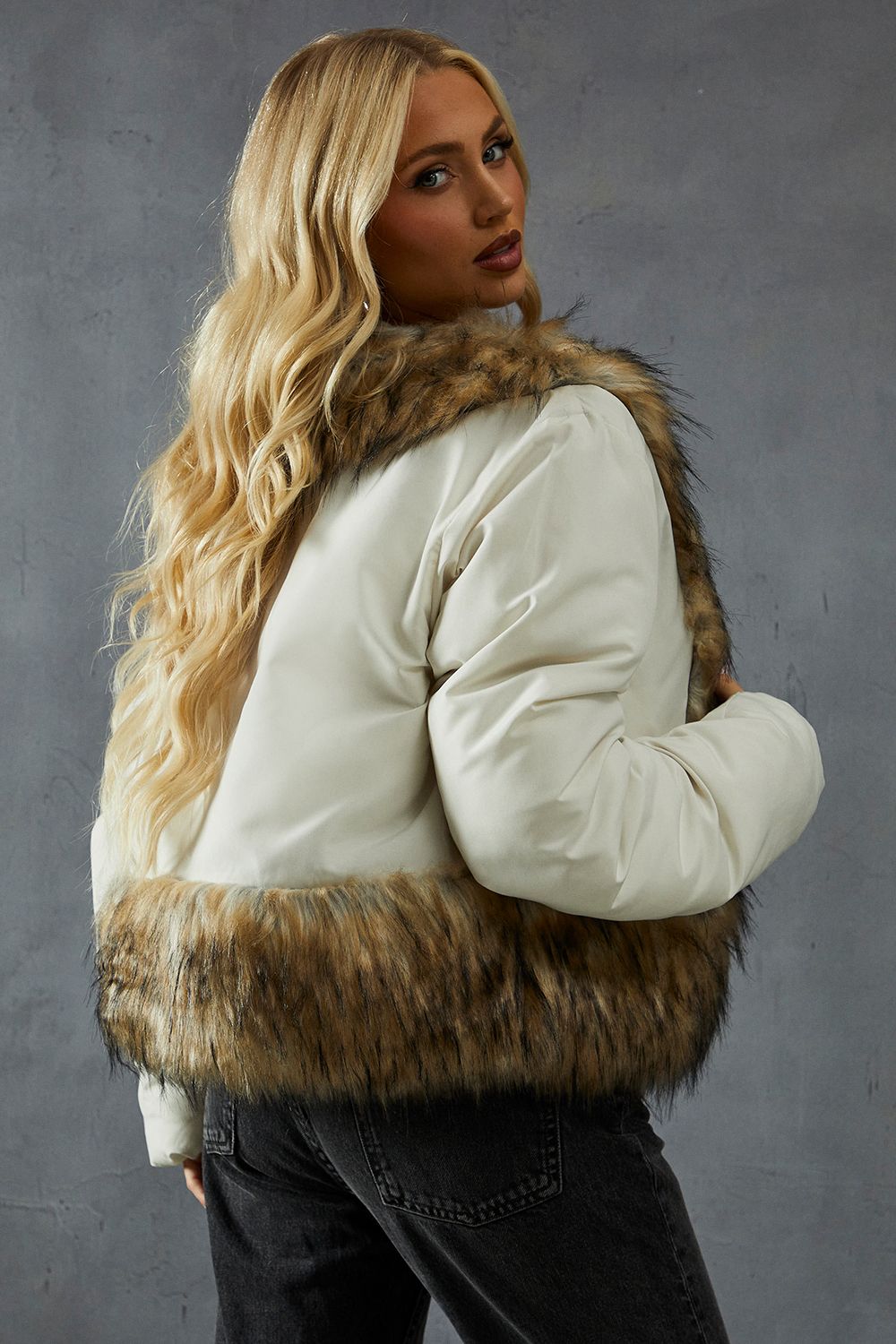 MissPap Faux Fur Trim Puffer Coat Cream image 3