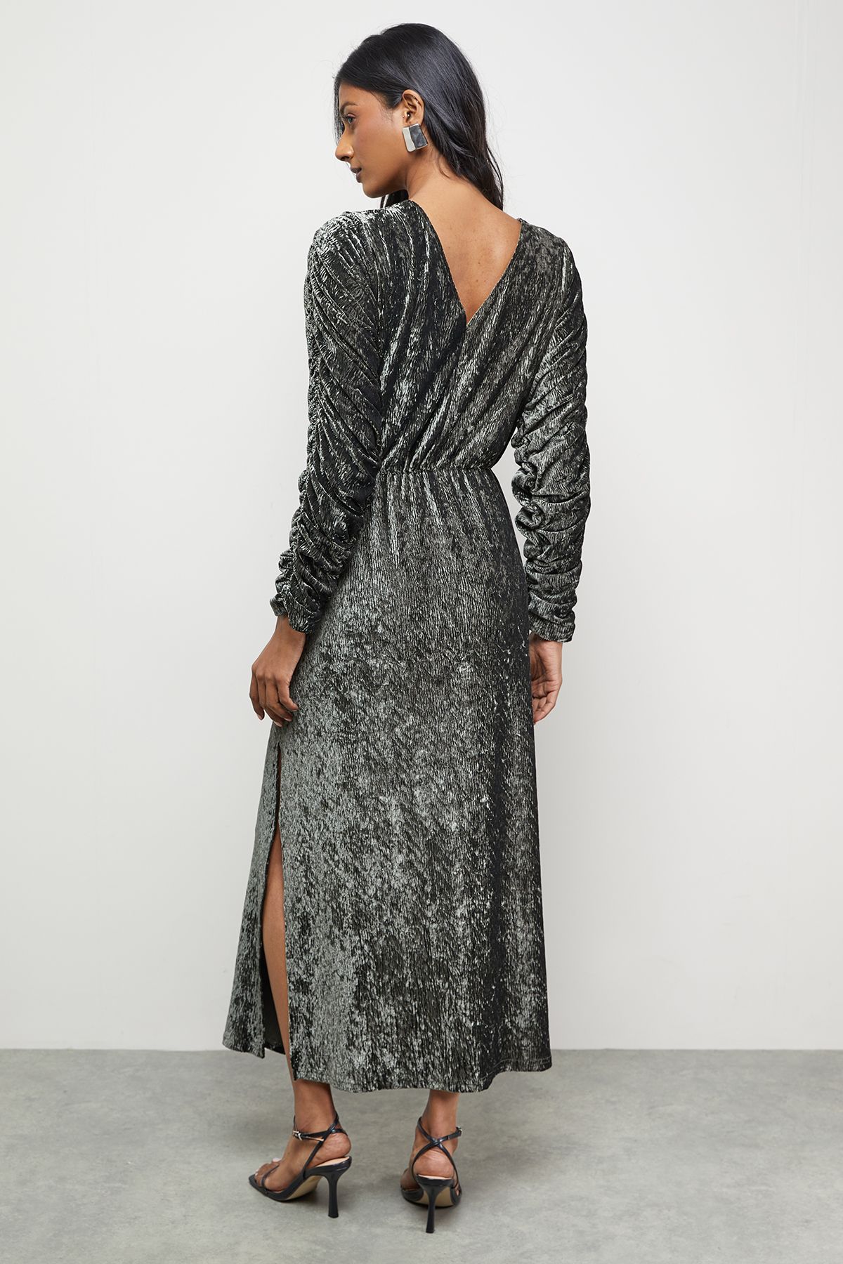 Warehouse Burnout Velvet Batwing Midi Dress Khaki image 3