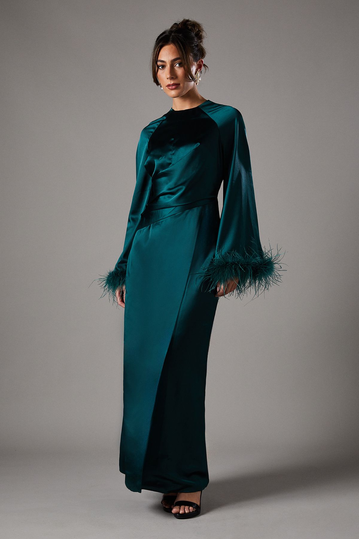 Coast Feather Trim Satin Maxi Dress Green image 1