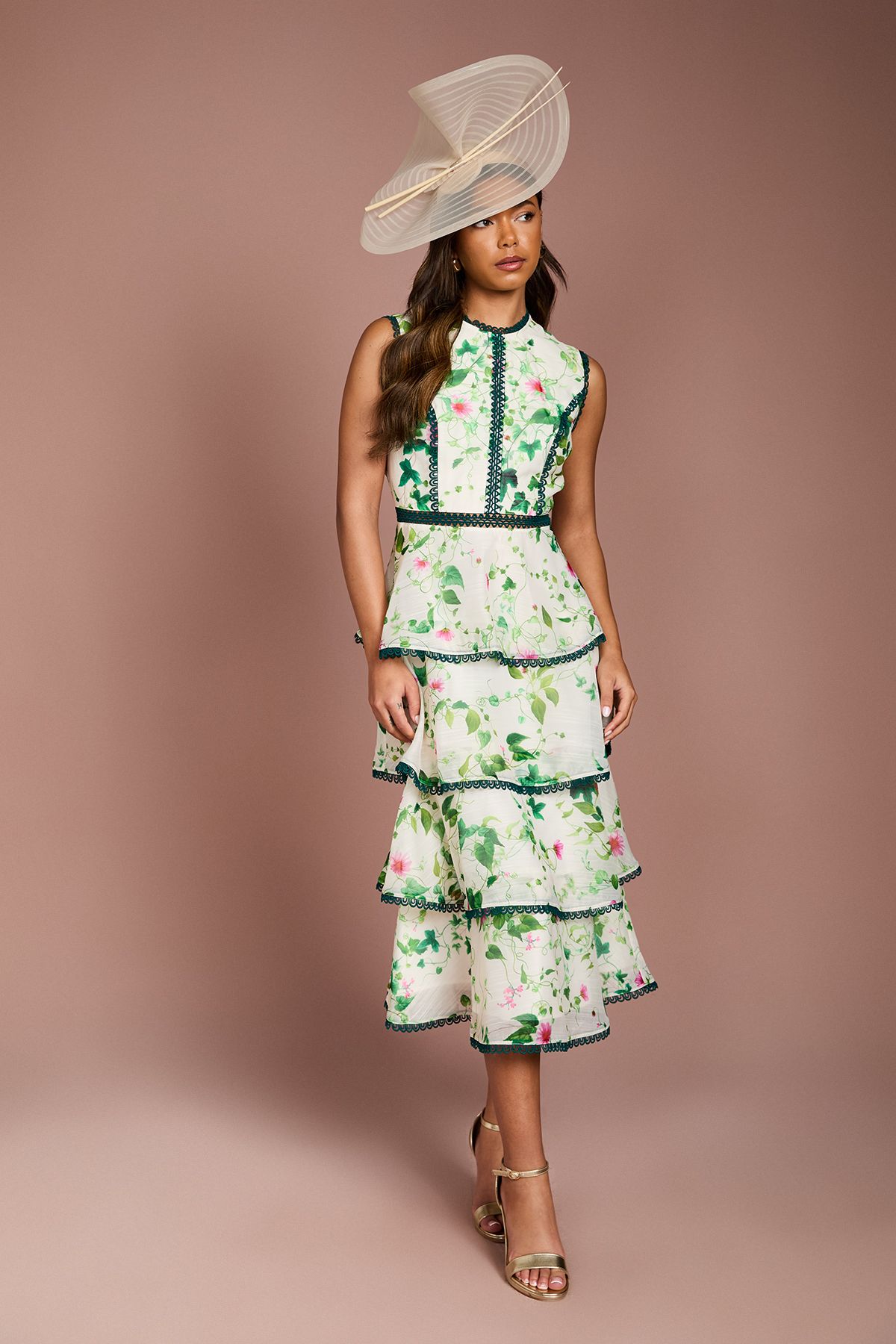 Coast Lace Trim Tiered Printed Organza Midi Dress Ivory