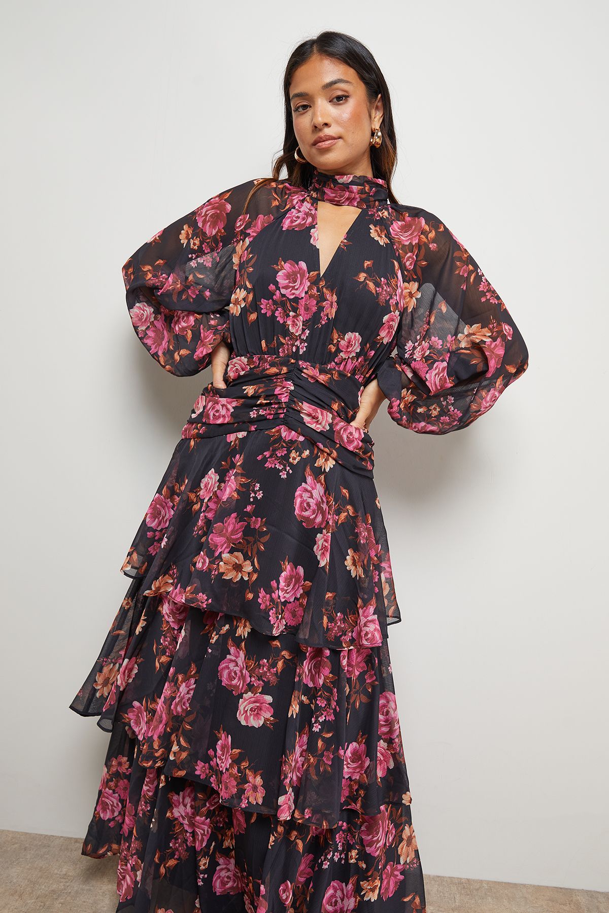 Oasis Petite Printed Ruffle Tiered High Neck Maxi Dress Black image 2