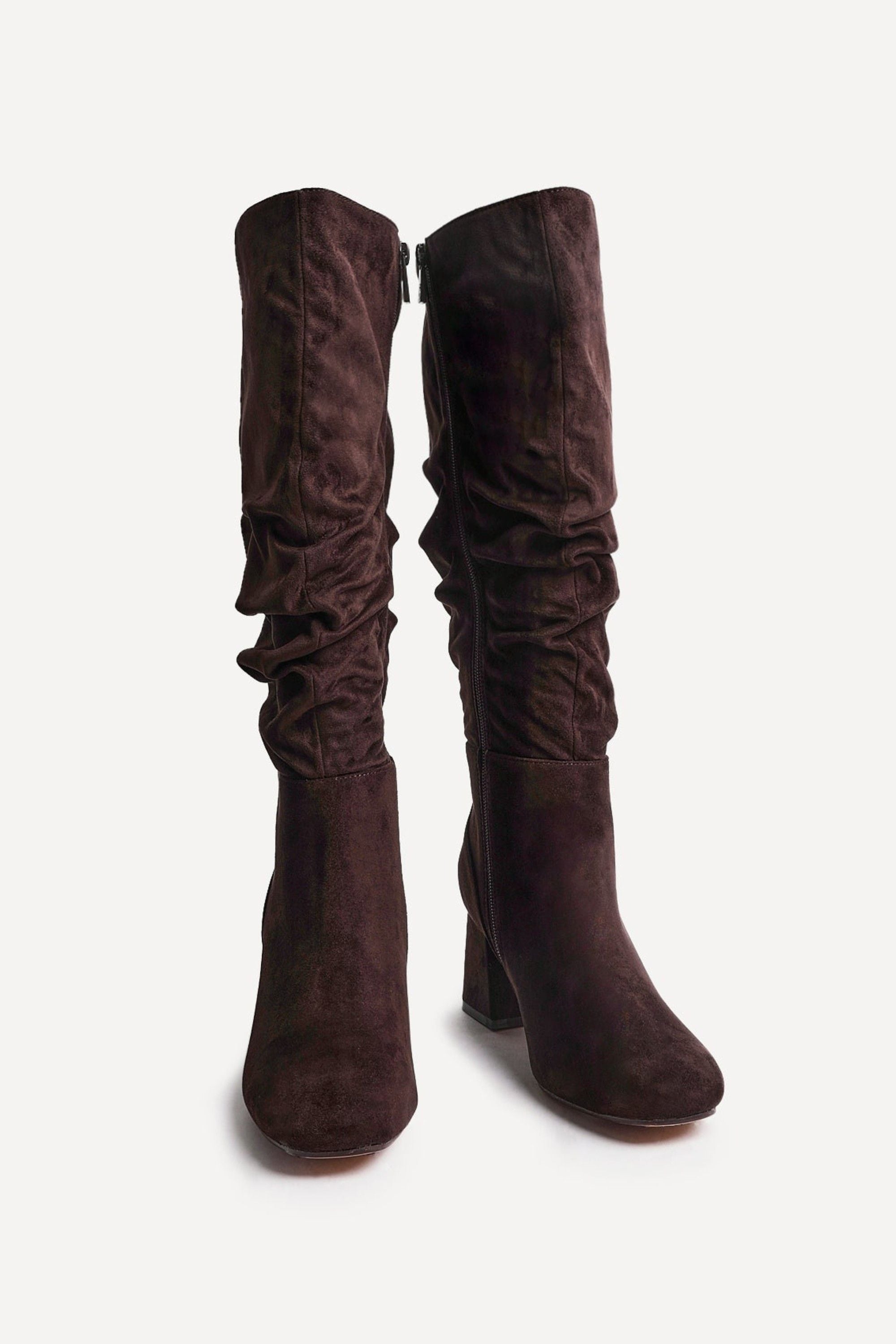 Linzi Inferno Wide Fit Brown Faux Suede Ruched Long Heeled Boot image 3