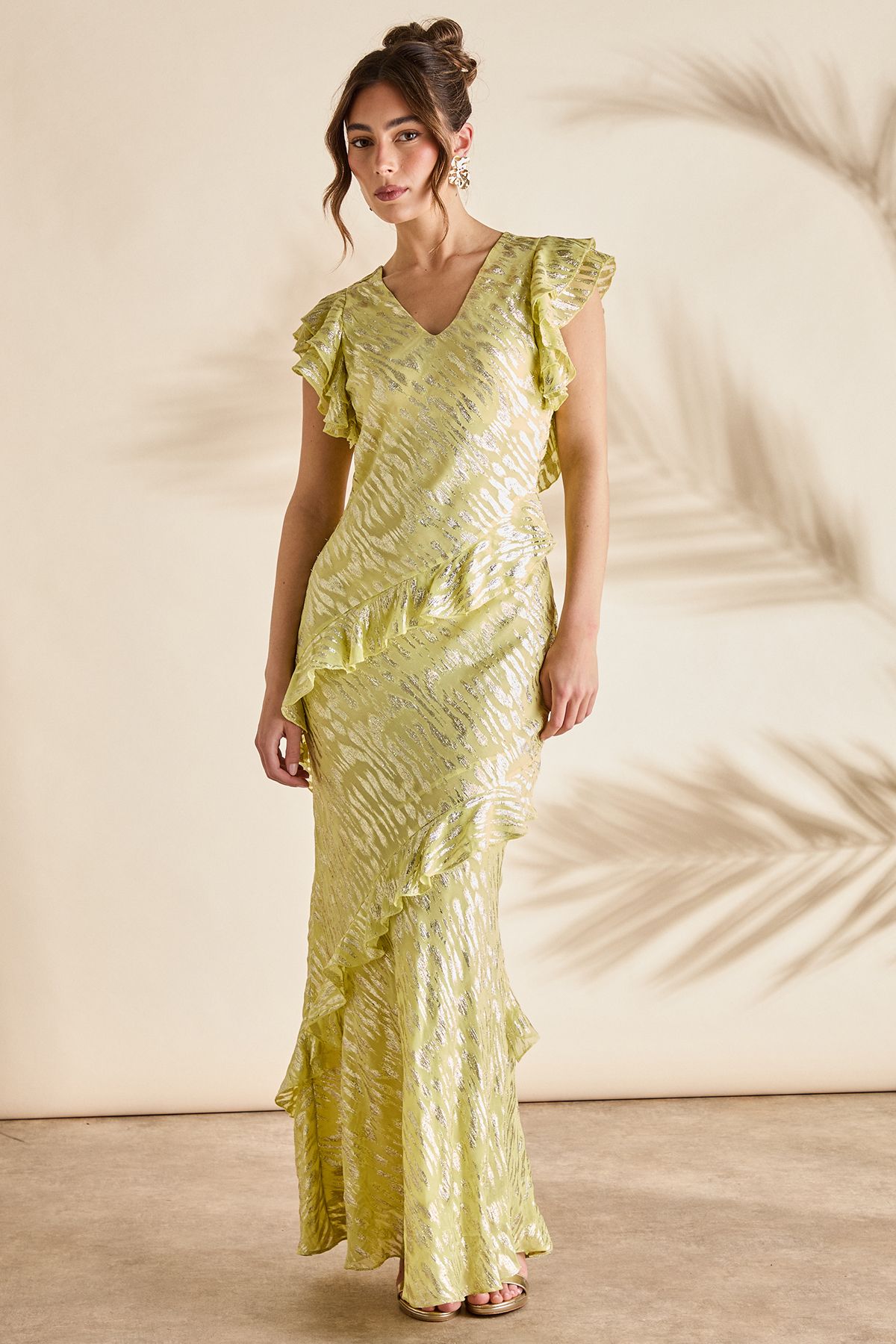 Coast Metallic Jacquard Frill Midi Dress Yellow image 1