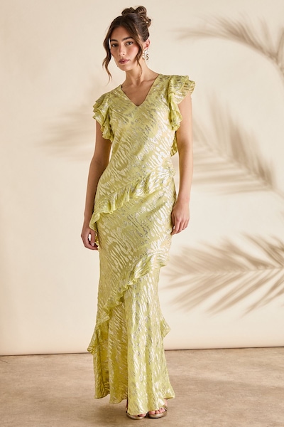 Coast Metallic Jacquard Frill Midi Dress Yellow