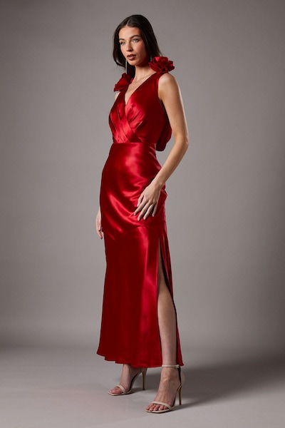 Coast Statement Corsage Satin Maxi Dress Red