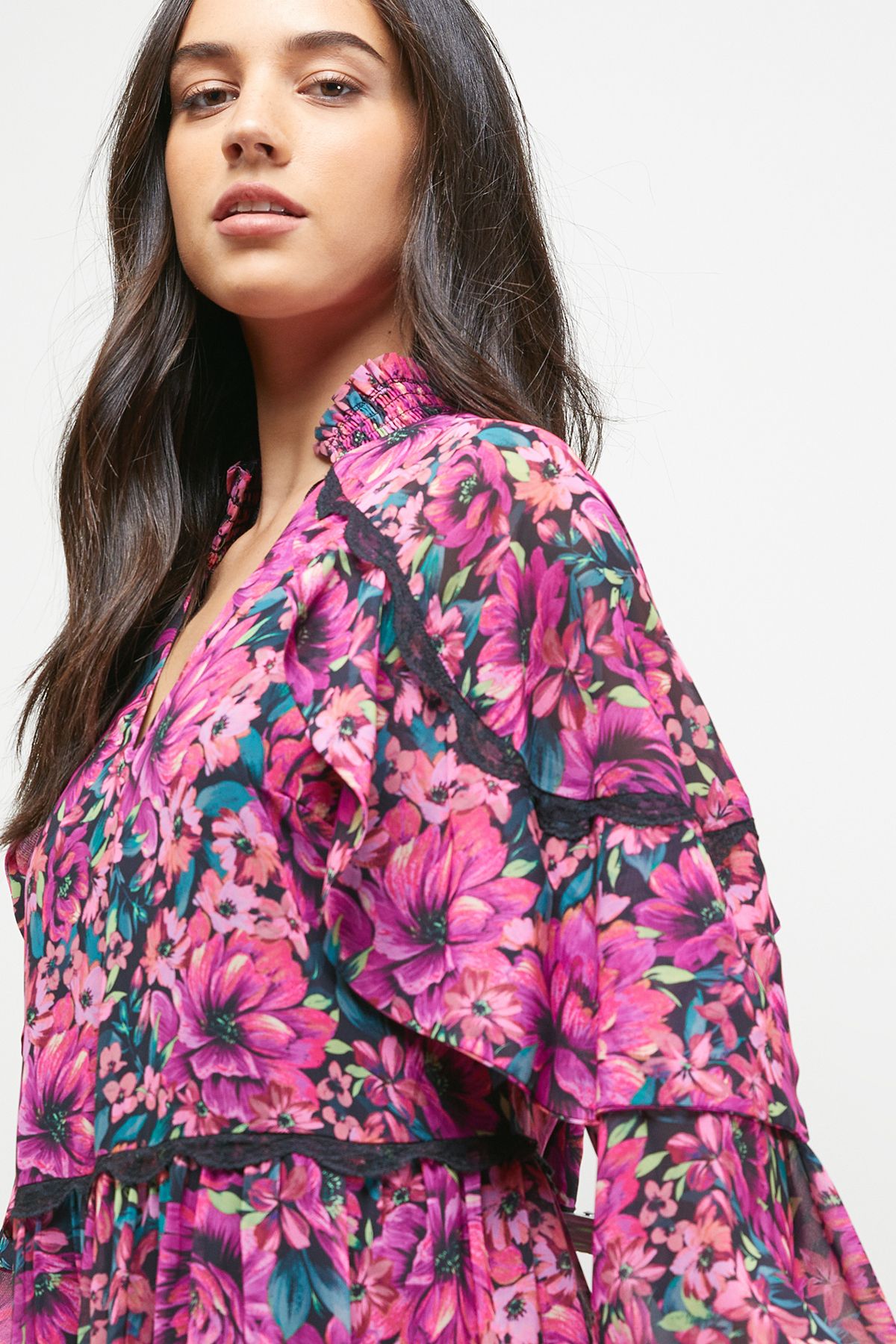 Oasis Printed Cape Detail Lace Trim Boho Maxi Dress Floral image 2