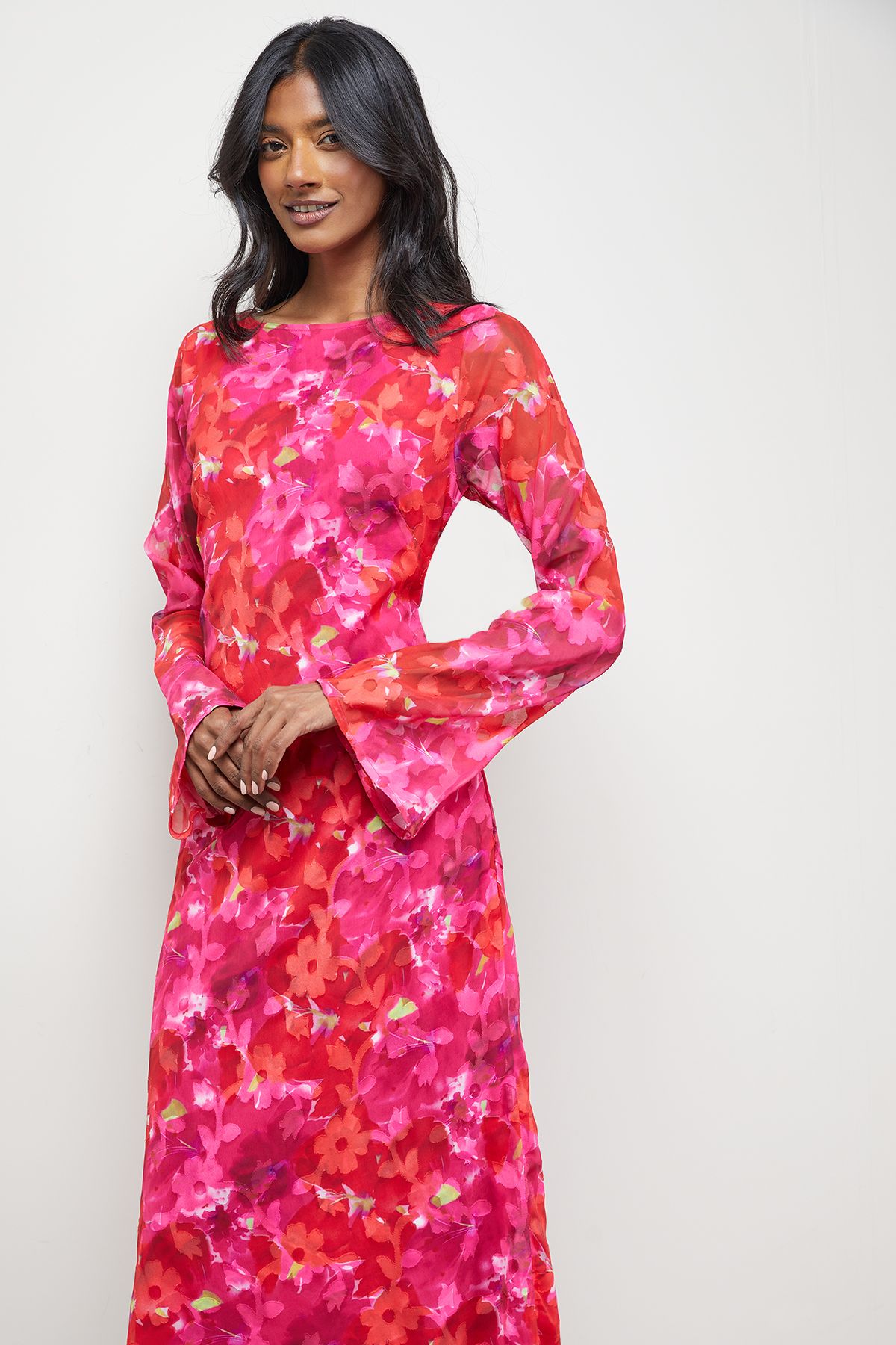 Warehouse Burnout Floral Chiffon Slash Neck Bias Midi Dress Pink image 4