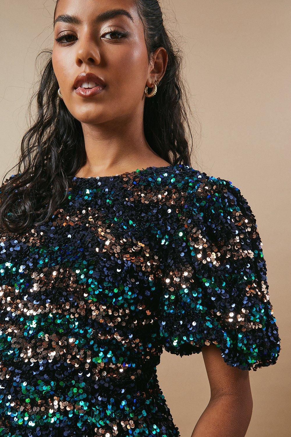 Oasis Petite Occasion Puff Sleeve Sequin Mini Dress Green image 2