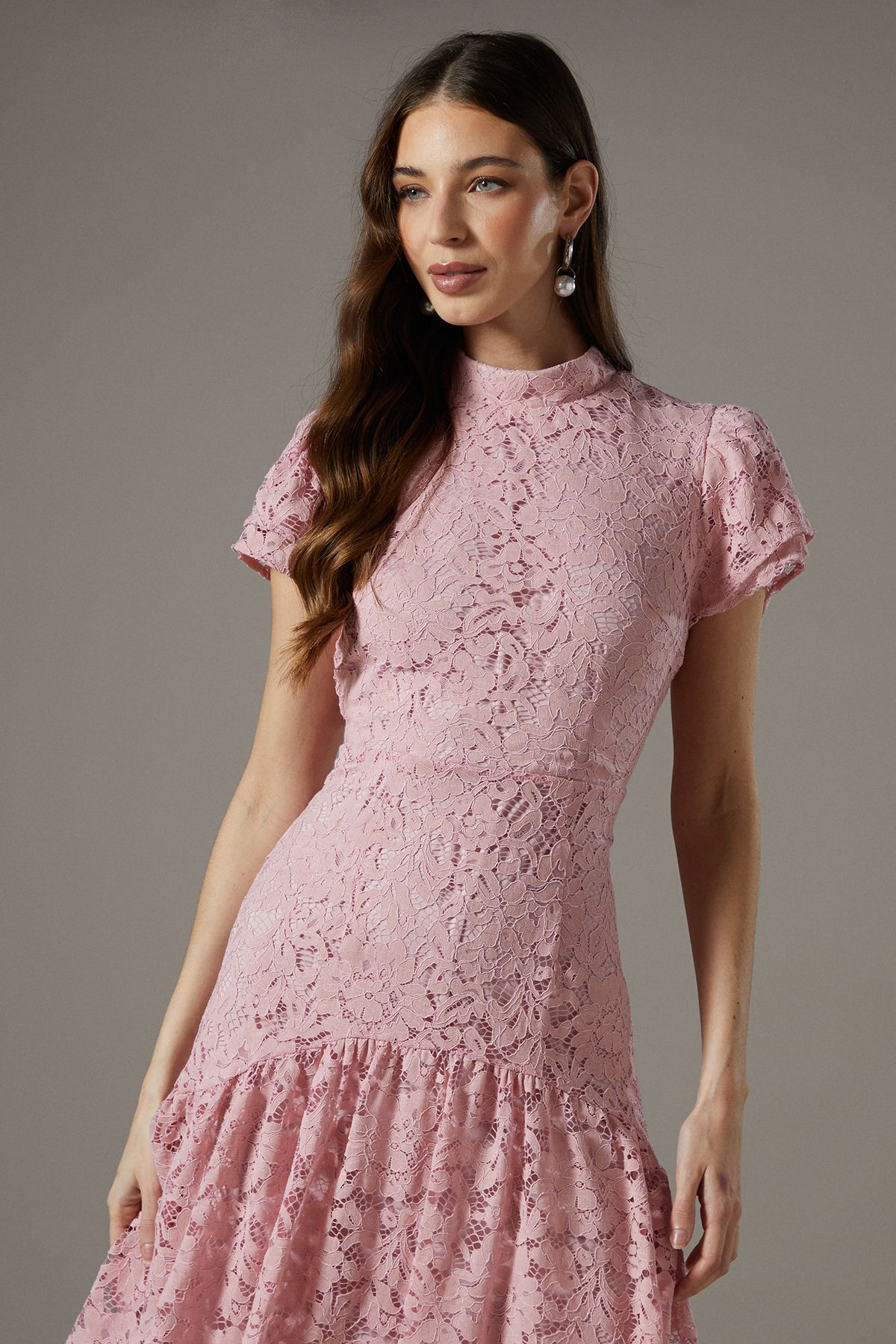 Coast Lace Frill Sleeve High Neck Midi Dress Blush image 4