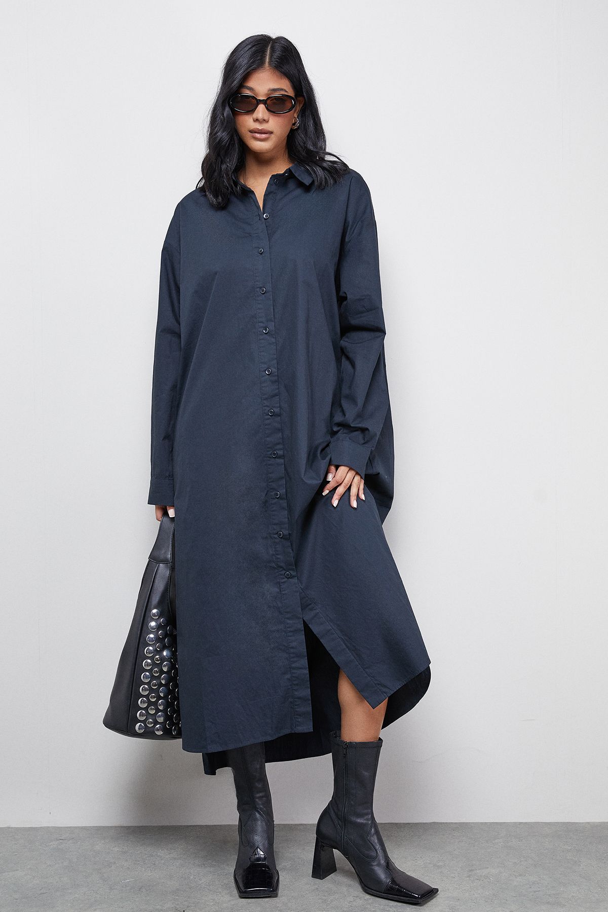 Warehouse Cotton Button Side Placket Oversized Midi Shirt Dress Navy image 1