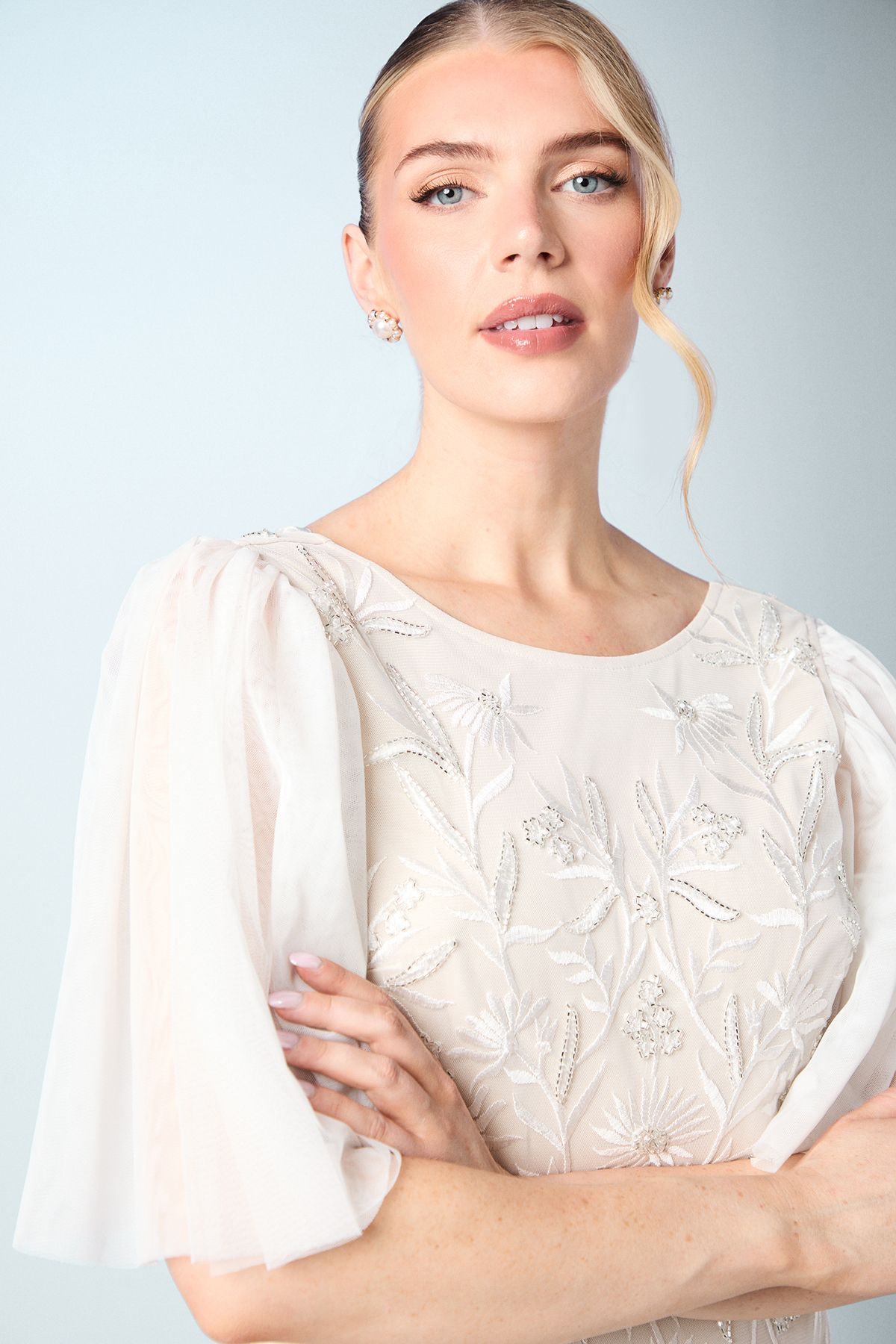 Coast Flutter Sleeve Embroidered Tulle Wedding Dress Ivory image 4