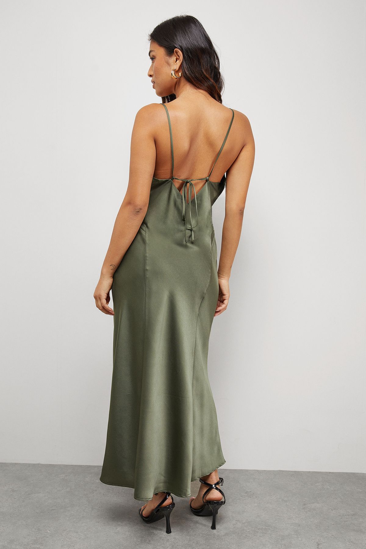 Warehouse Petite Satin Tie Bust Seam Strappy Midi Slip Dress Dark Olive image 3