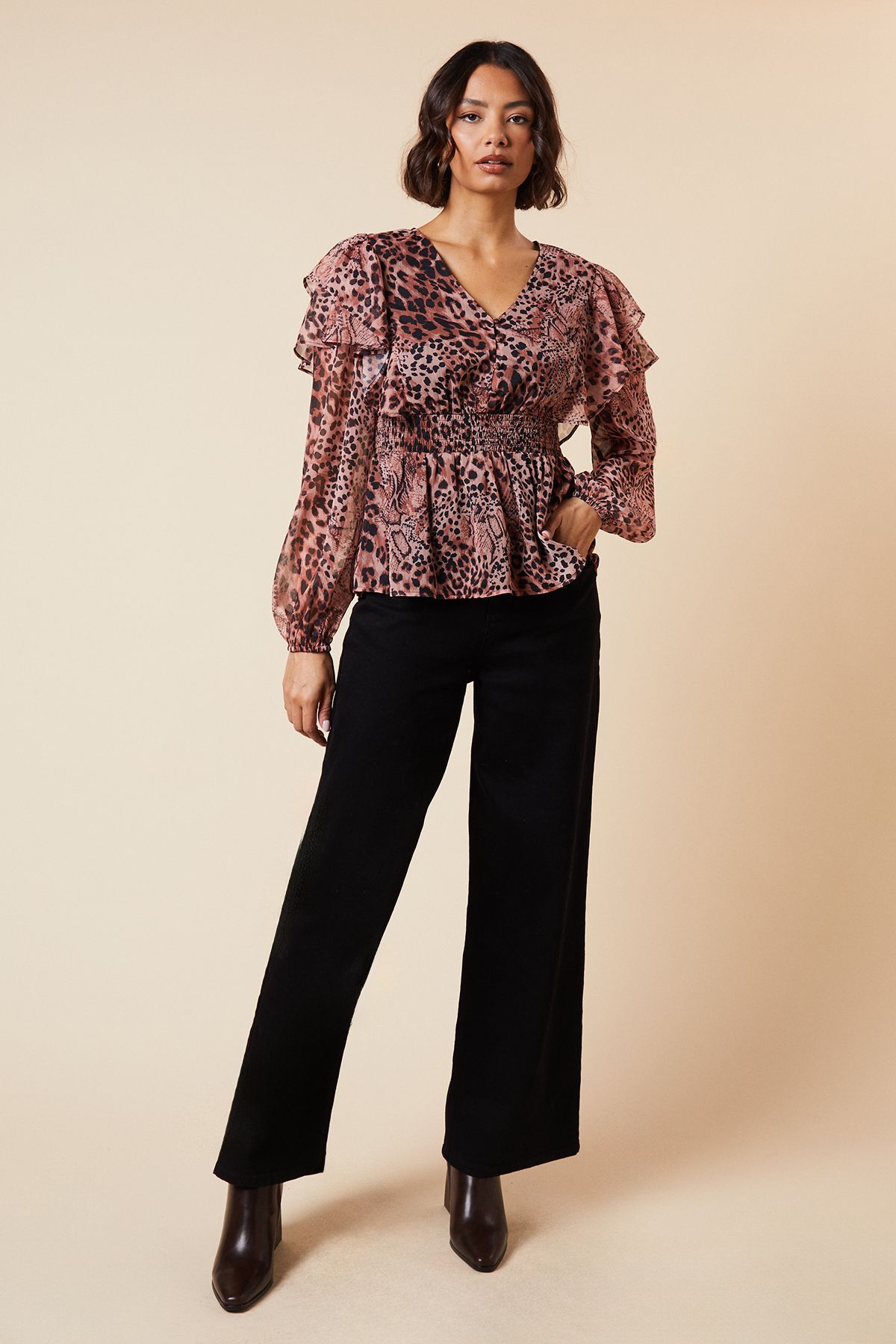 Dorothy Perkins Animal Shirred Waist Button Front Chiffon Long Sleeve Blouse Animal image 4