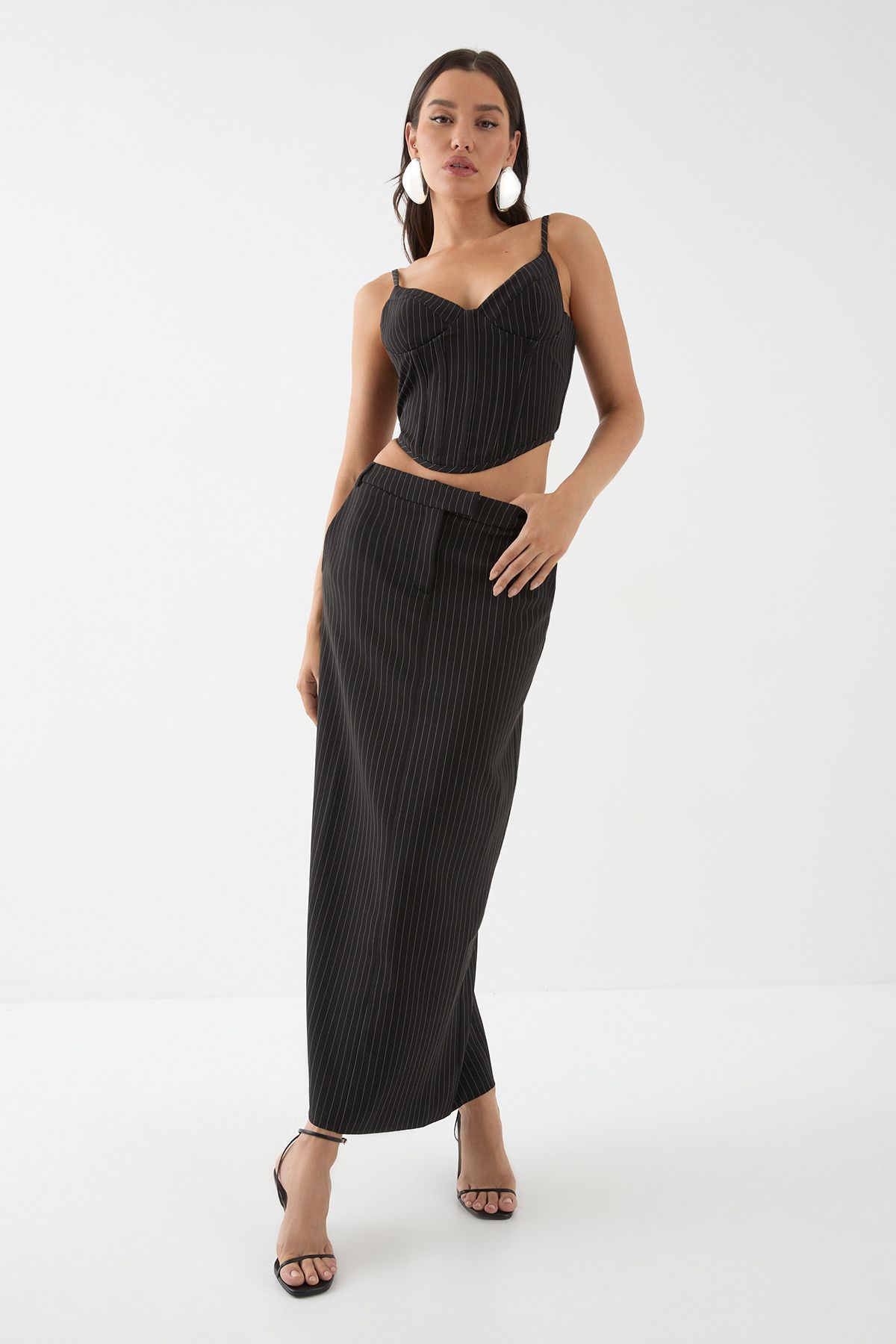 MissPap Pinstripe Tailored Maxi Skirt Black