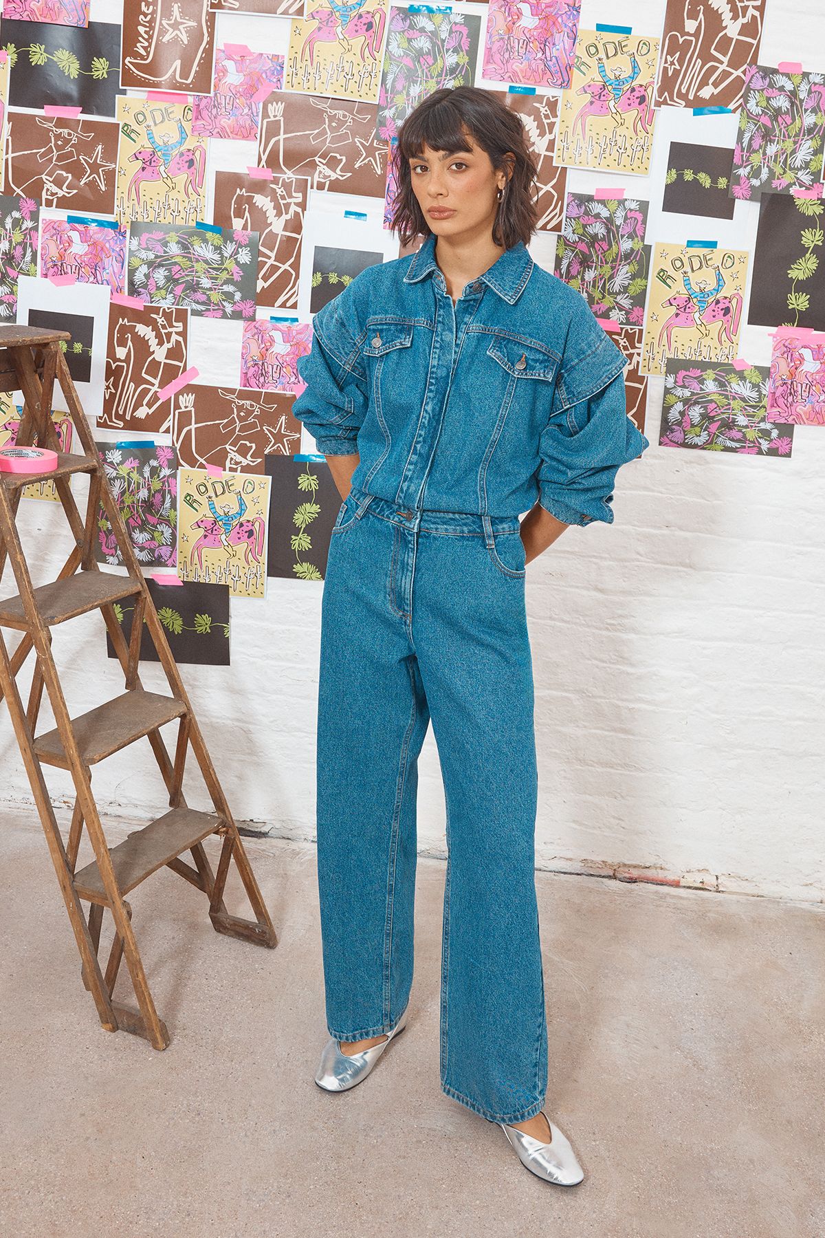 Warehouse Tony Denim Jumpsuit With Stepped Shoulder Detail Mid Blue image 1