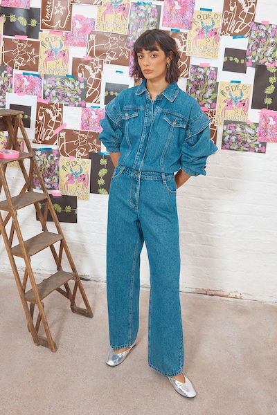 Warehouse Tony Denim Jumpsuit With Stepped Shoulder Detail Mid Blue