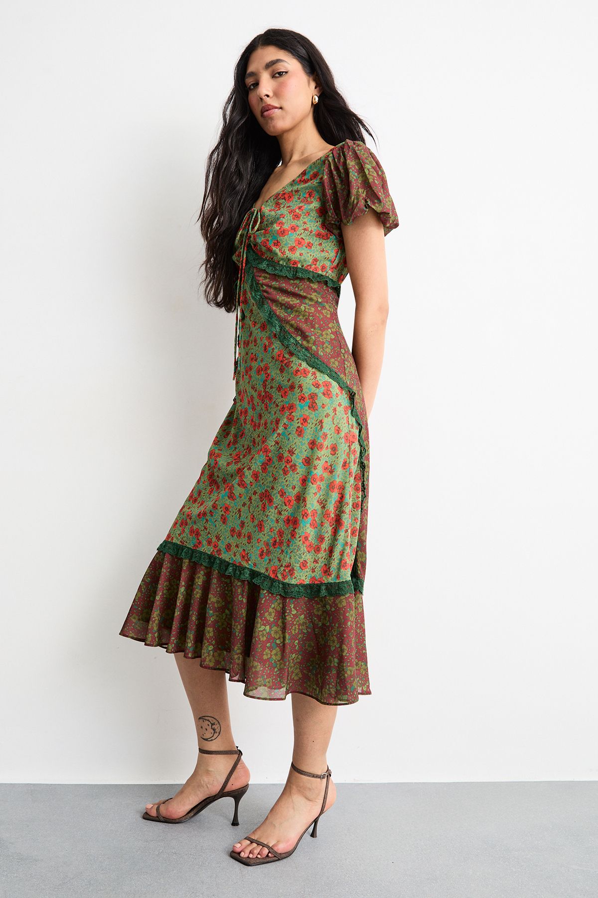 Warehouse Mixed Floral Georgette Lace Insert Tendril Hem Midi Tea Dress Floral