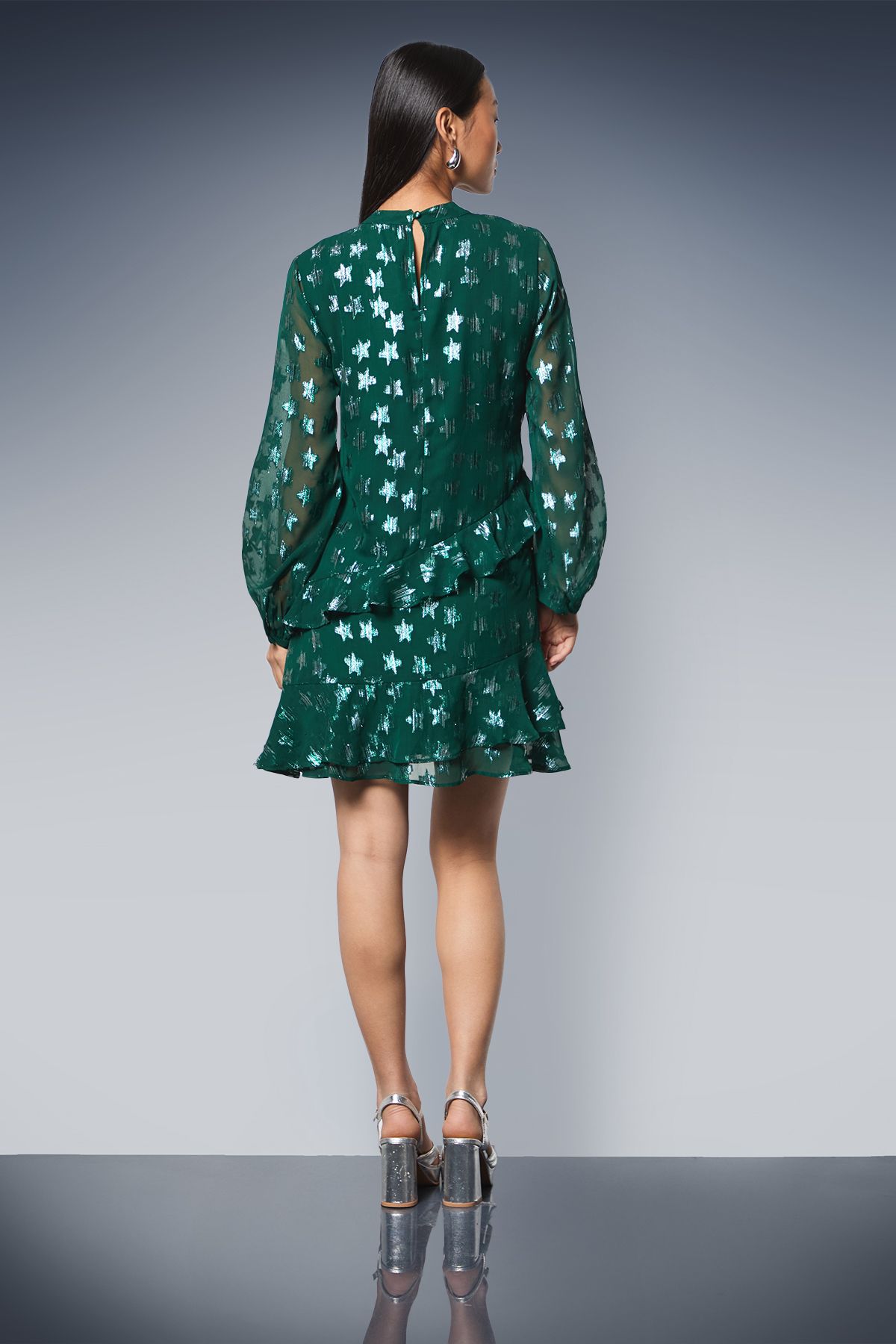 Dorothy Perkins Petite DP Luxe Star Jacquard Ruffle Shift Mini Dress Green image 3