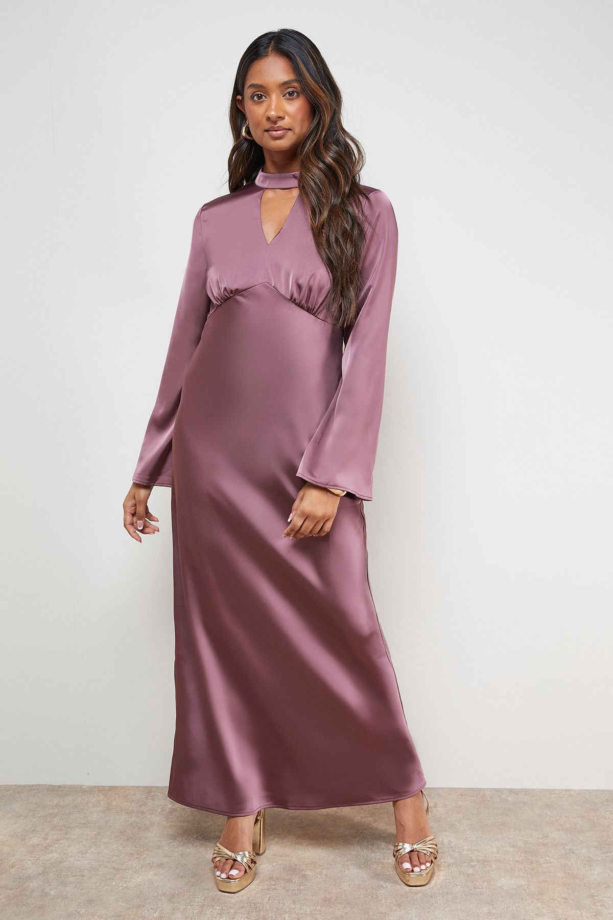 Oasis Satin Cut Out Flare Sleeve Bias Midi Dress Mauve image 1